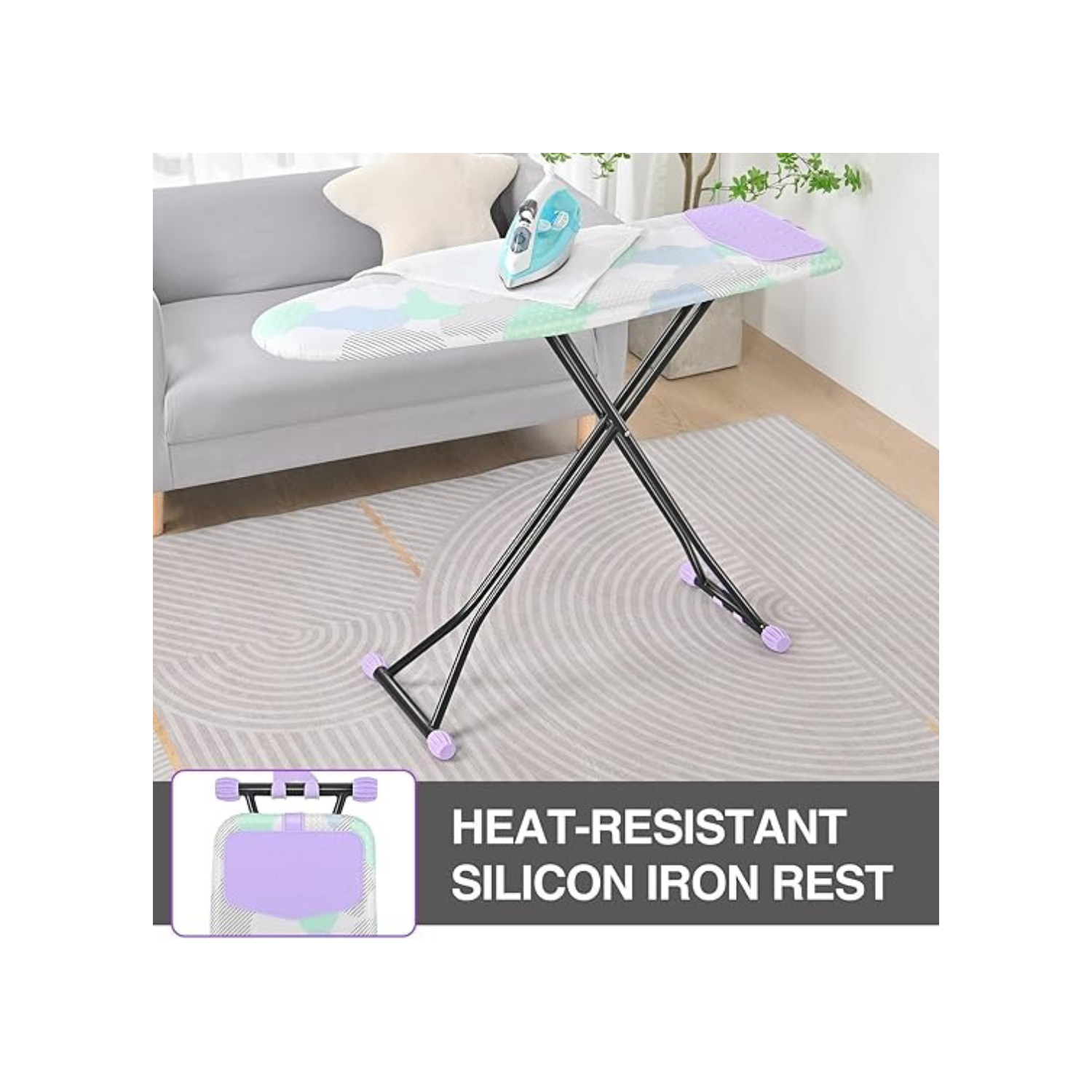 Ironing Board, Iron Board with Silicon Iron Rest, Extra Thick Heat Resistant Cover, Height Adjustable, Wall Mount & Closet Hanger Heavy Duty Legs