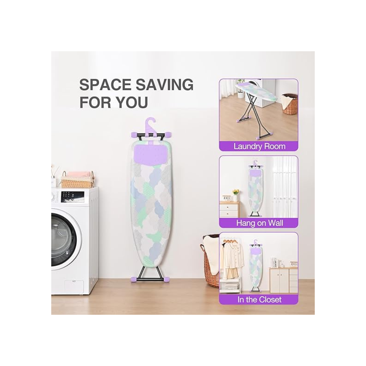 Ironing Board, Iron Board with Silicon Iron Rest, Extra Thick Heat Resistant Cover, Height Adjustable, Wall Mount & Closet Hanger Heavy Duty Legs