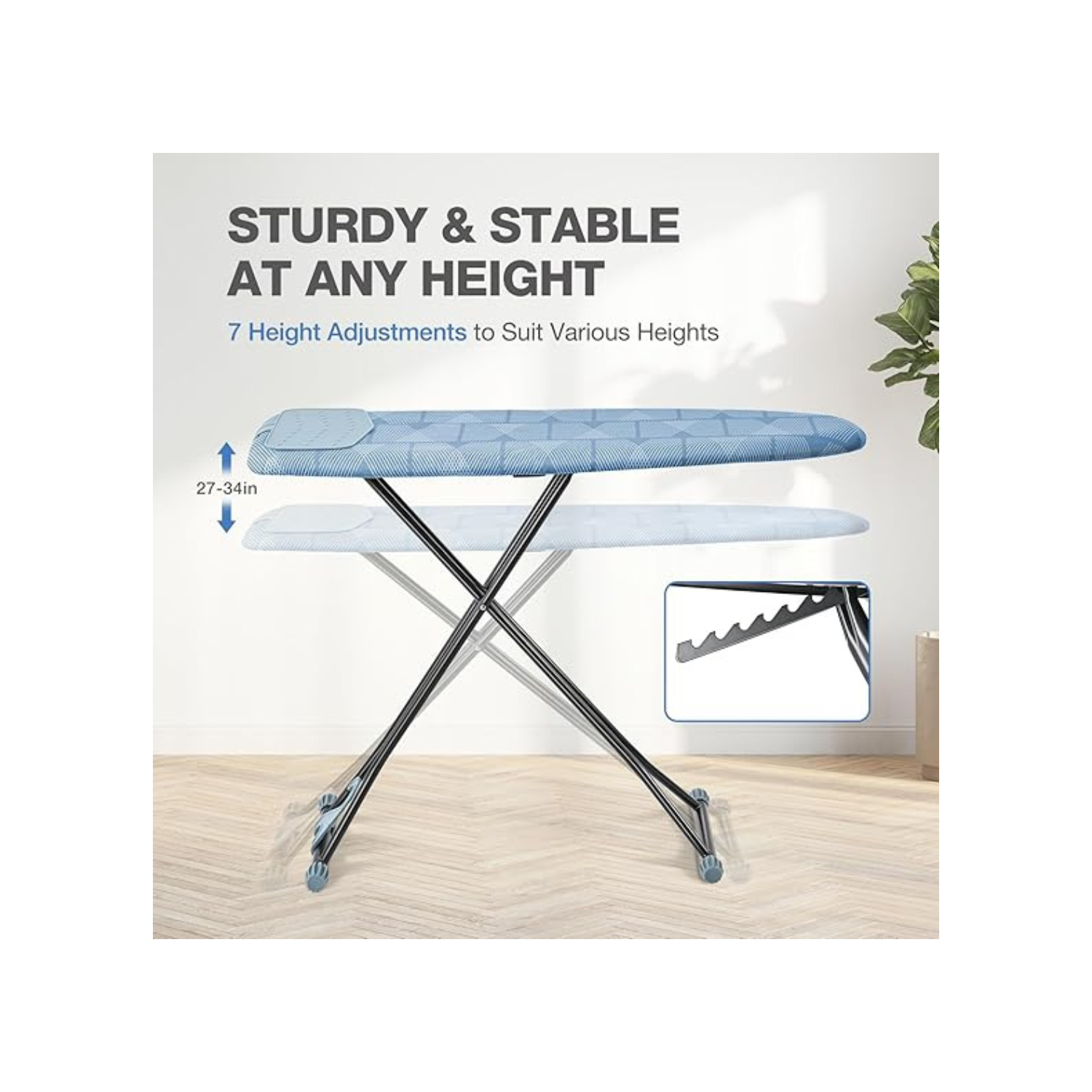 Ironing Board, Iron Board with Silicon Iron Rest, Extra Thick Heat Resistant Cover, Height Adjustable, Wall Mount & Closet Hanger Heavy Duty Legs