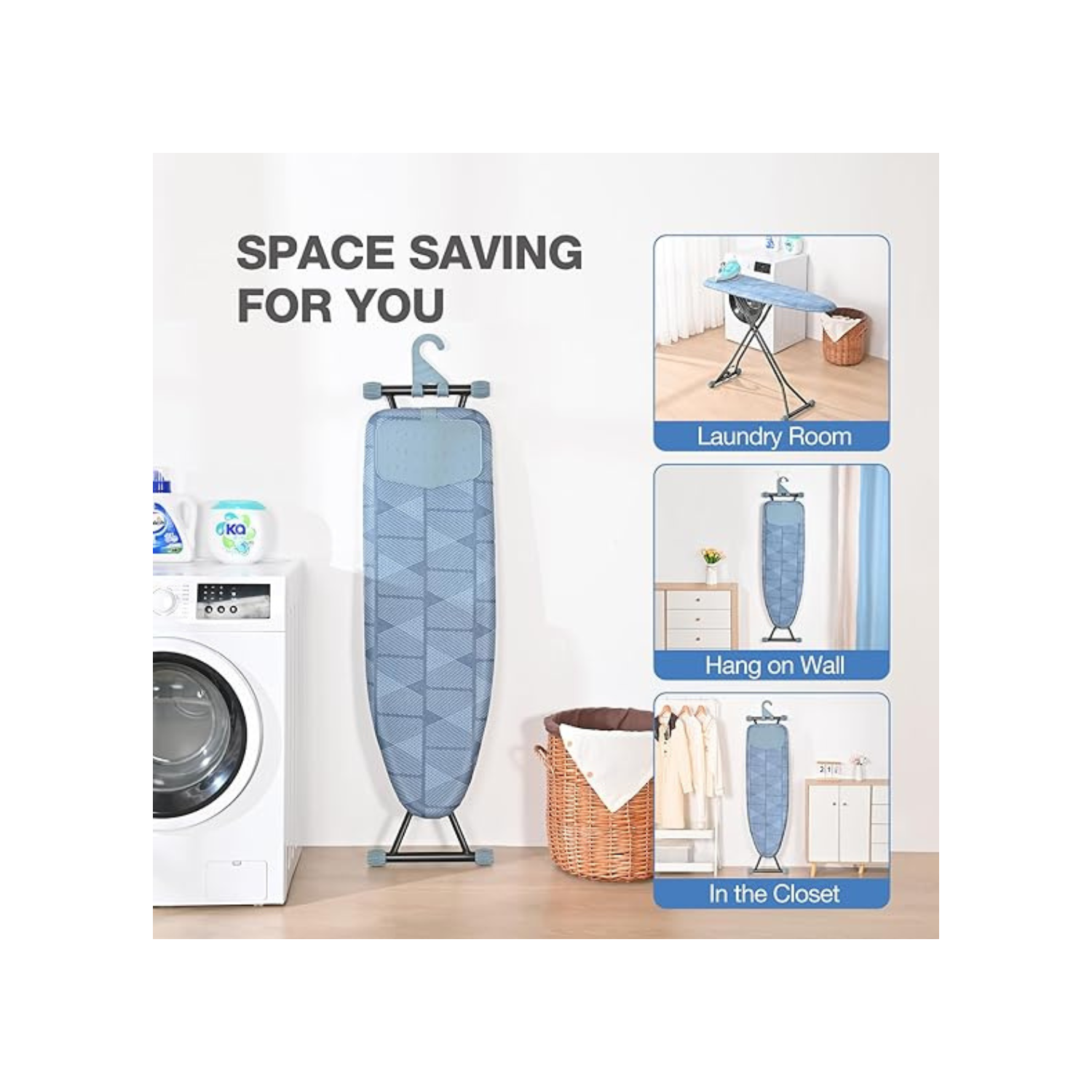 Ironing Board, Iron Board with Silicon Iron Rest, Extra Thick Heat Resistant Cover, Height Adjustable, Wall Mount & Closet Hanger Heavy Duty Legs