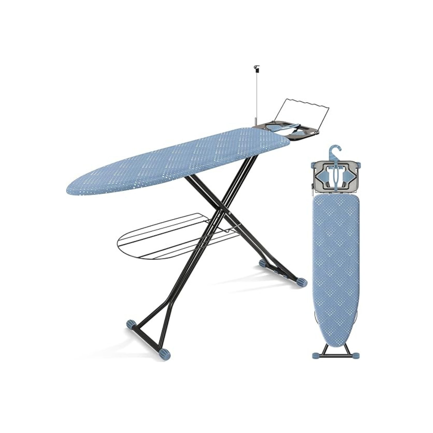 Ironing Board, Compact Iron Board with Iron Rest and Hanger and Silicone Irons Harness, 7 Adjustable Heights & Extra Thick Cover, Folding Heavy Duty