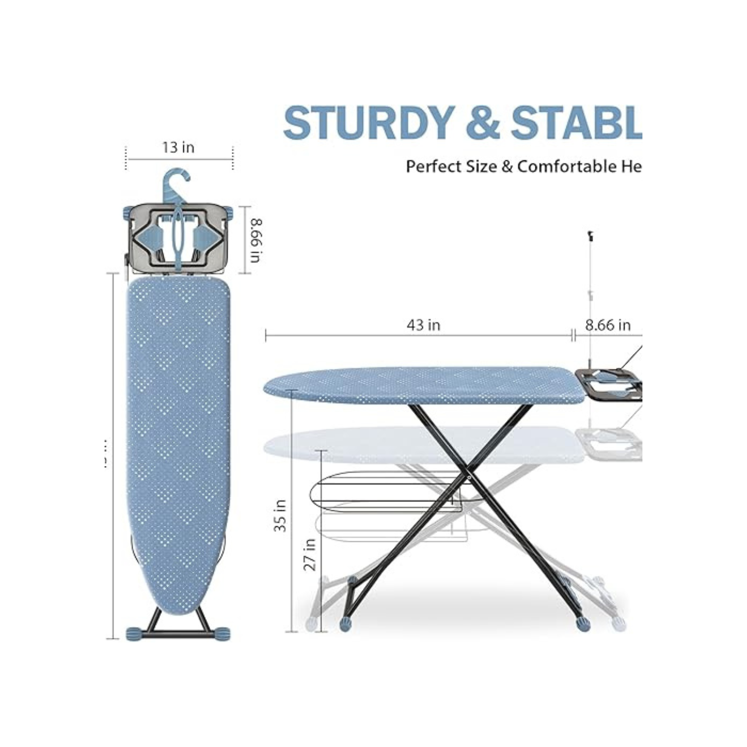 Ironing Board, Compact Iron Board with Iron Rest and Hanger and Silicone Irons Harness, 7 Adjustable Heights & Extra Thick Cover, Folding Heavy Duty