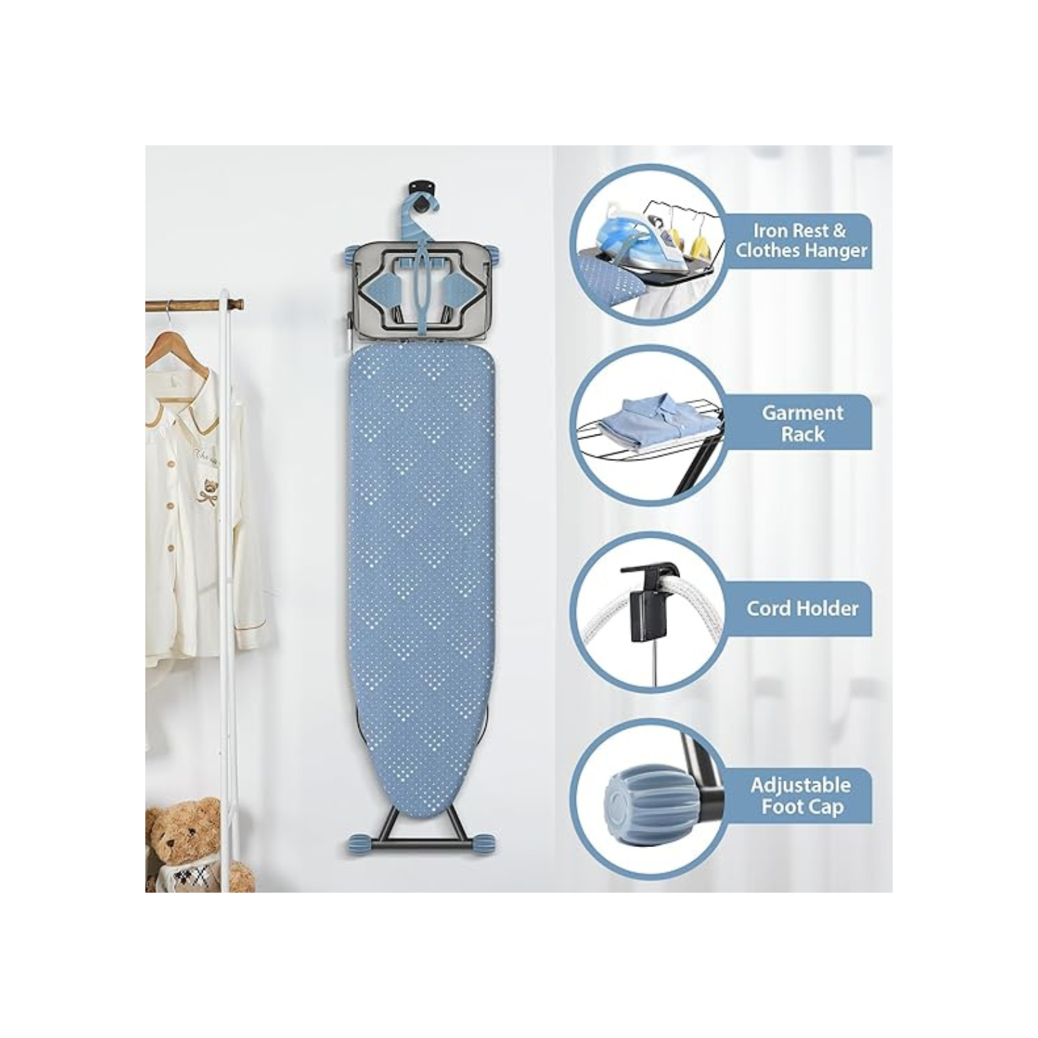Ironing Board, Compact Iron Board with Iron Rest and Hanger and Silicone Irons Harness, 7 Adjustable Heights & Extra Thick Cover, Folding Heavy Duty