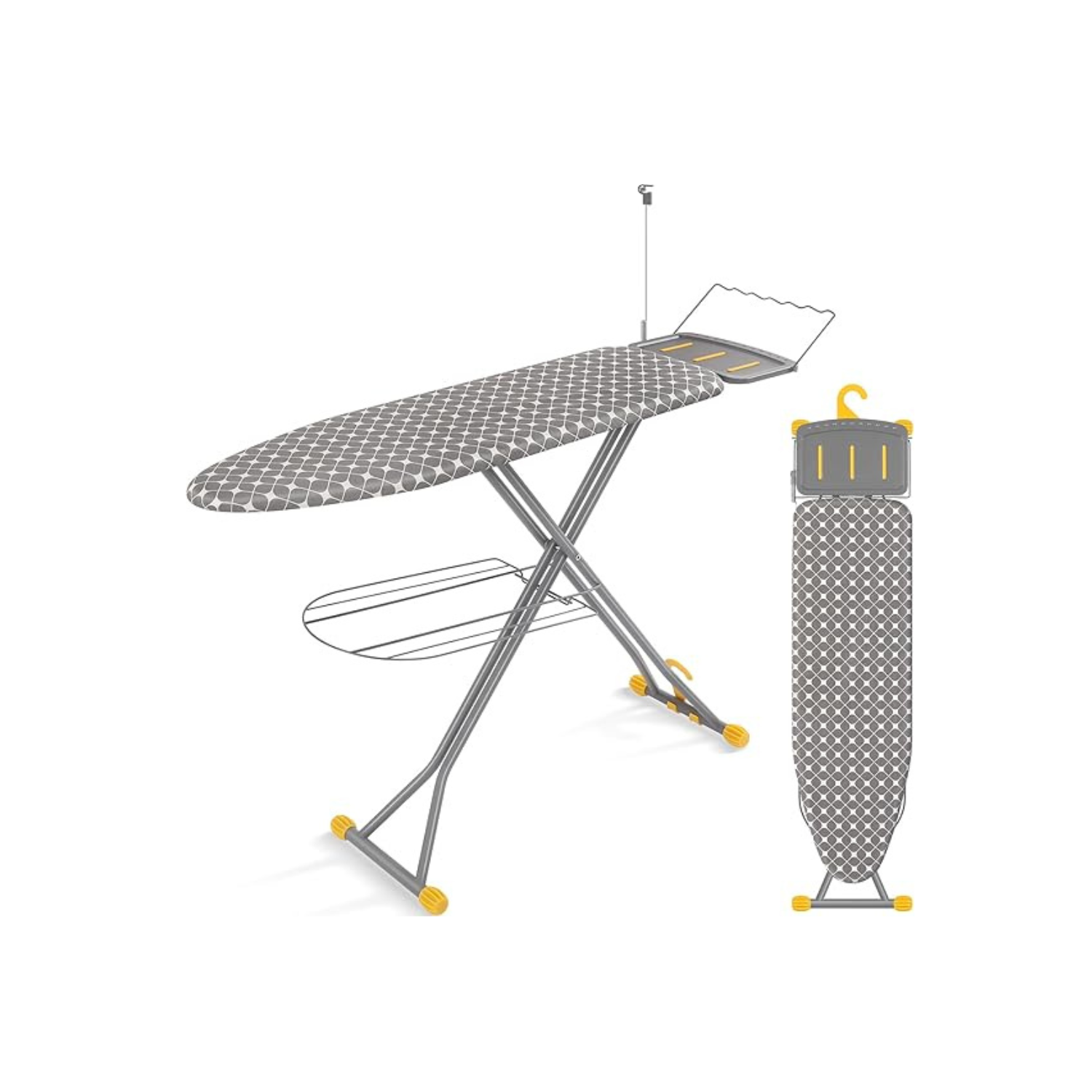 Ironing Board, Compact Iron Board with Iron Rest and Hanger and Silicone Irons Harness, 7 Adjustable Heights & Extra Thick Cover, Folding Heavy Duty