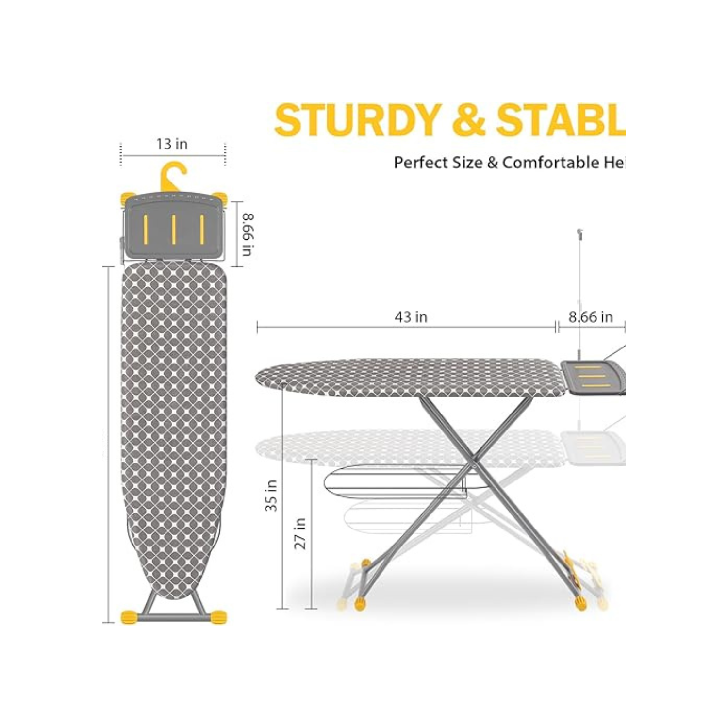 Ironing Board, Compact Iron Board with Iron Rest and Hanger and Silicone Irons Harness, 7 Adjustable Heights & Extra Thick Cover, Folding Heavy Duty