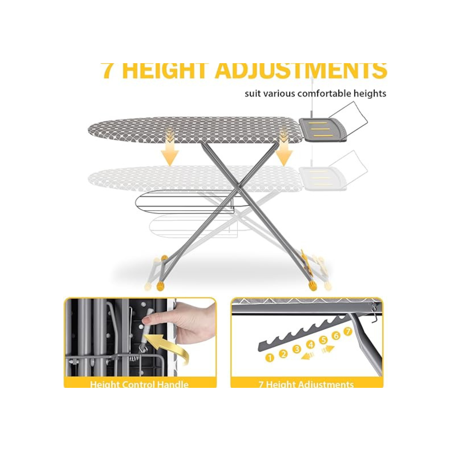 Ironing Board, Compact Iron Board with Iron Rest and Hanger and Silicone Irons Harness, 7 Adjustable Heights & Extra Thick Cover, Folding Heavy Duty