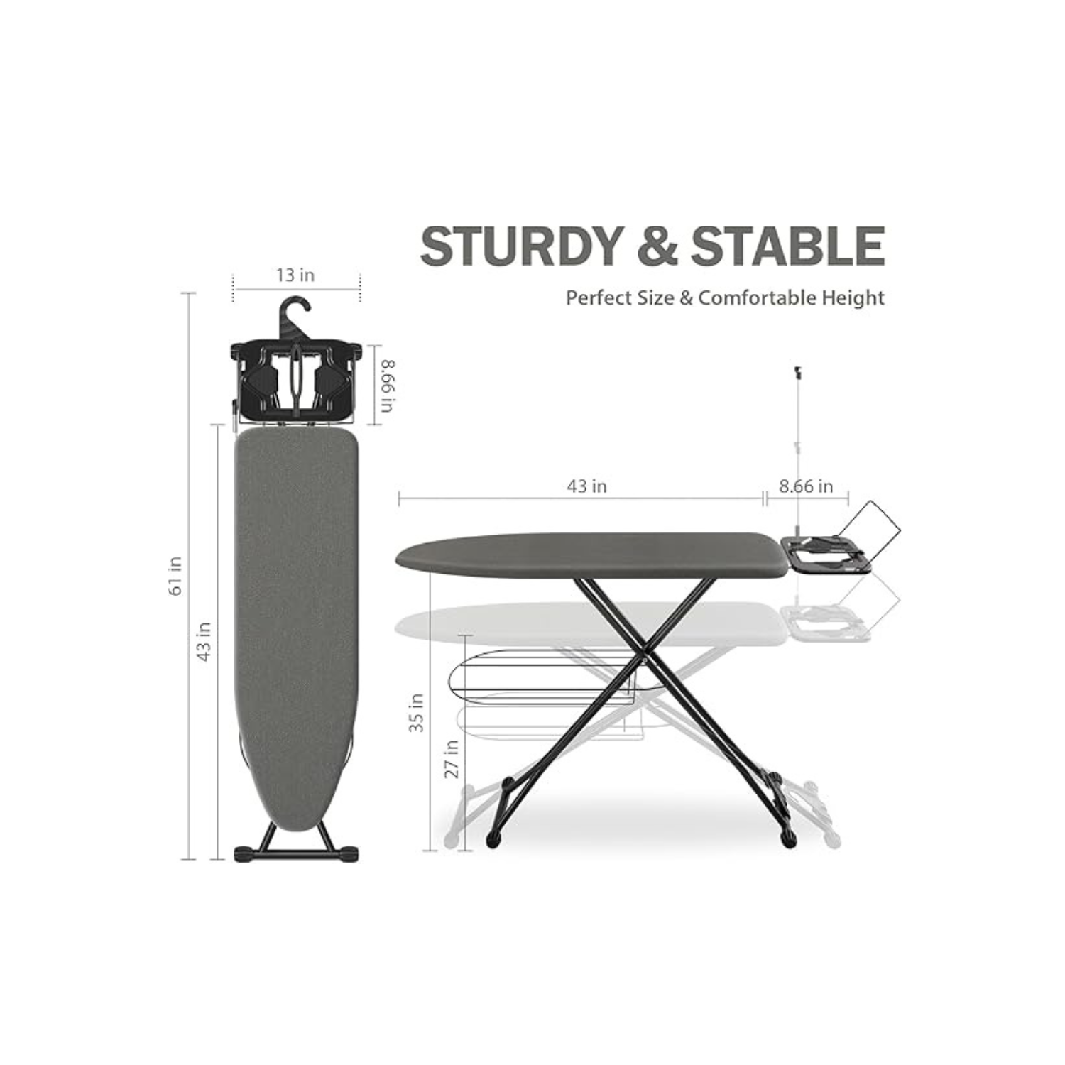 Ironing Board, Compact Iron Board with Iron Rest and Hanger and Silicone Irons Harness, 7 Adjustable Heights & Extra Thick Cover, Folding Heavy Duty