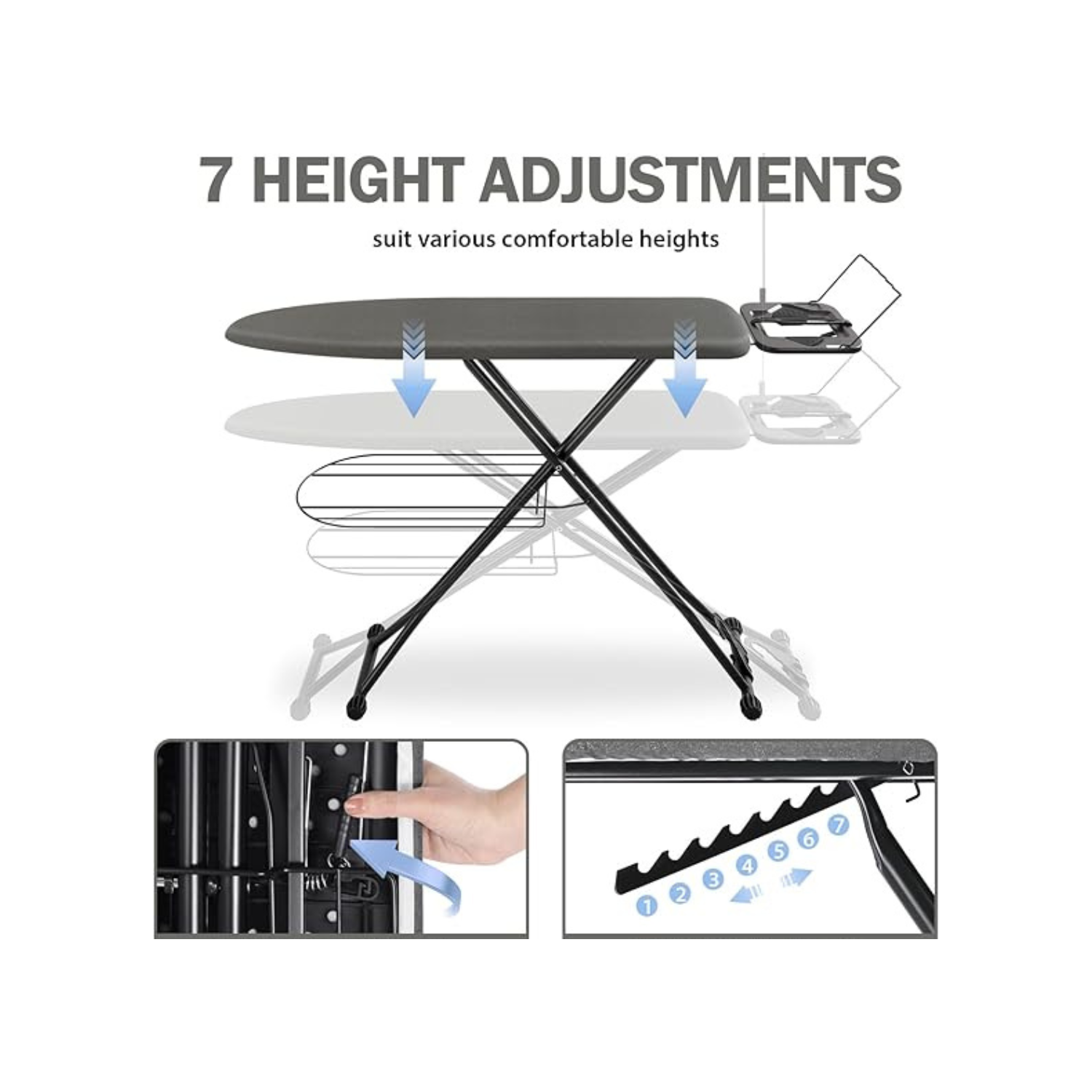 Ironing Board, Compact Iron Board with Iron Rest and Hanger and Silicone Irons Harness, 7 Adjustable Heights & Extra Thick Cover, Folding Heavy Duty