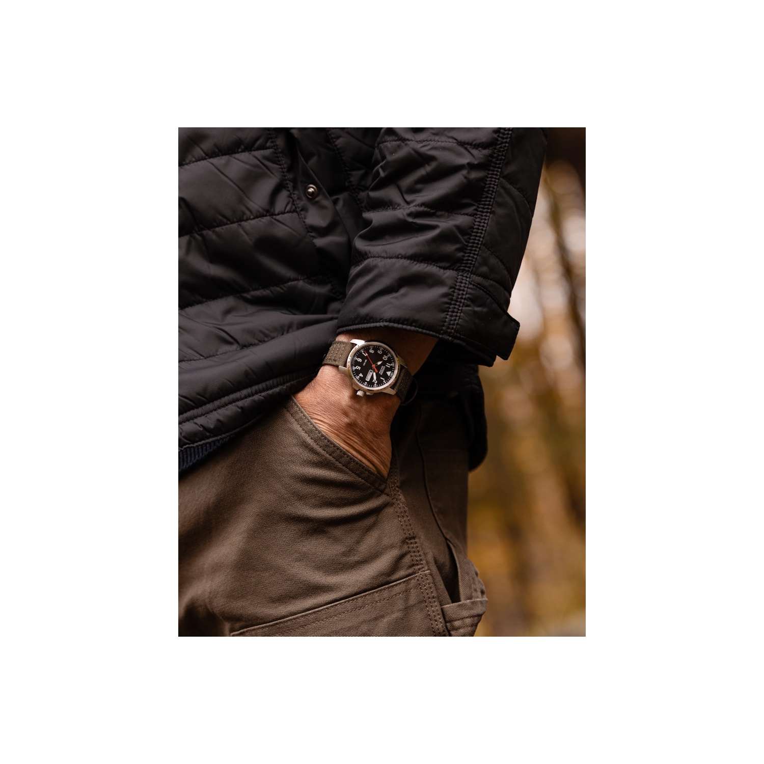 Citizen Mens Garrison Eco-Drive Watch 37mm Silver-Tone Stainless Steel Case Green Nylon Strap with Black Dial