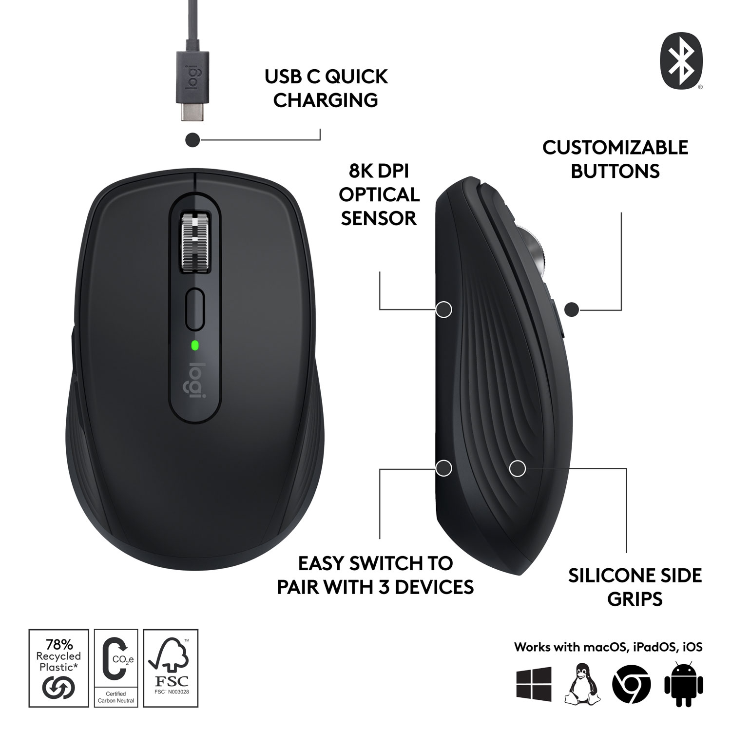 Logitech MX Anywhere 3S Wireless Compact Darkfield Mouse - Black