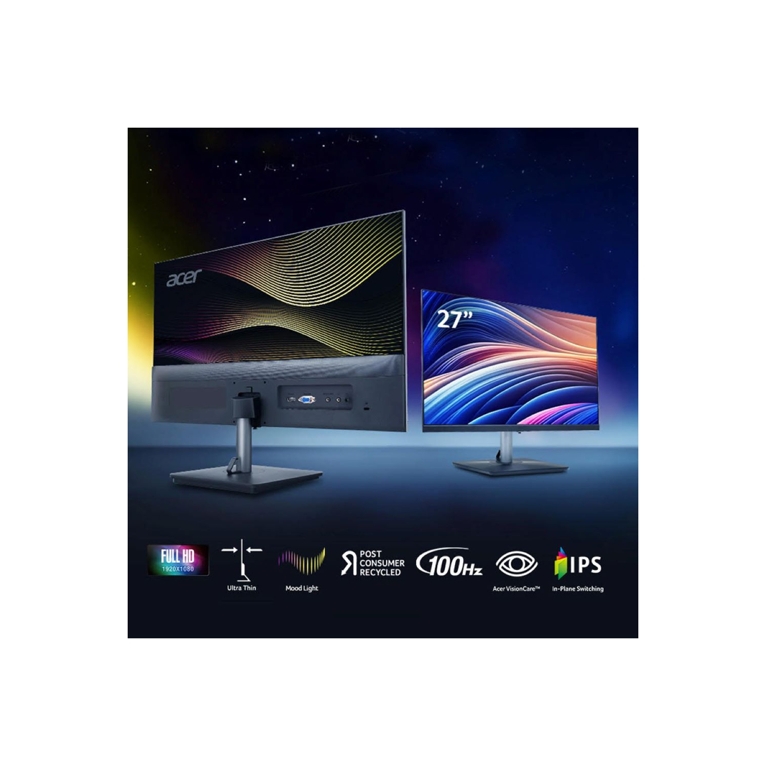 Acer RS272 bpamix 27 inch IPS 1920x1080 with glowing back cover Monitor, 100Hz,1ms, 250 cd/m2, Speaker, HDMI, VGA