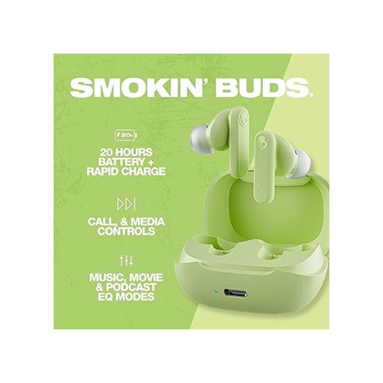 Smokin' Buds in-Ear Wireless Earbuds, 20 Hr Battery, 50% Renewable Plastics, Microphone, Works with iPhone Android and Bluetooth Devices - Bone
