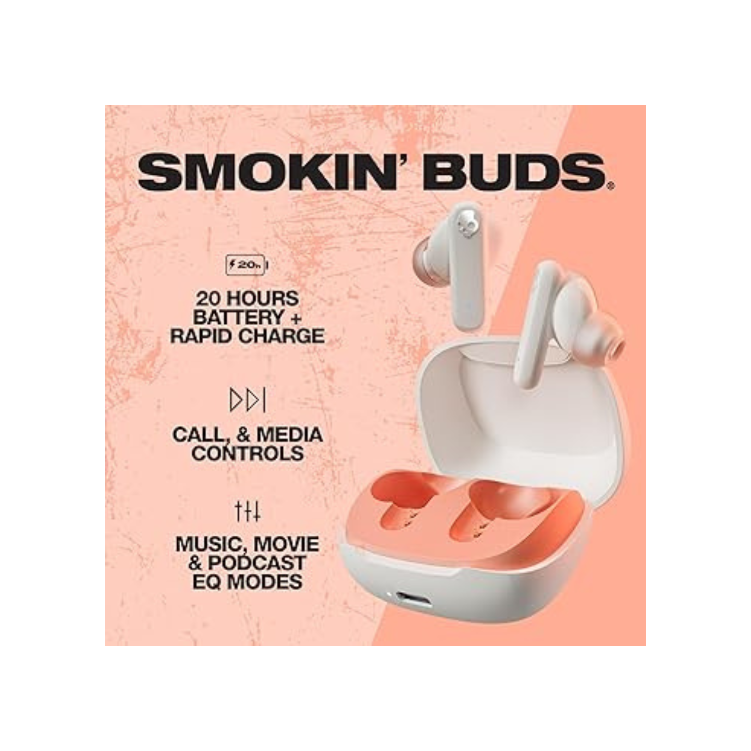 Smokin' Buds in-Ear Wireless Earbuds, 20 Hr Battery, 50% Renewable Plastics, Microphone, Works with iPhone Android and Bluetooth Devices - Bone