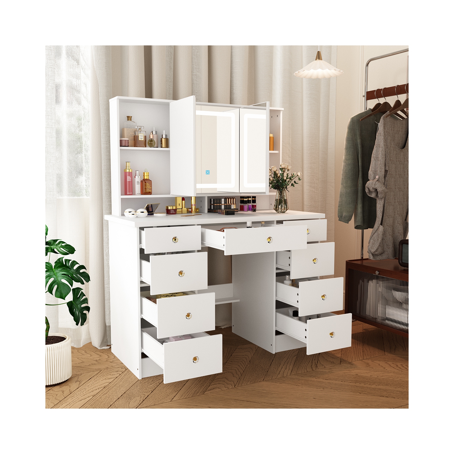 Homsee – Meuble-lavabo avec grand miroir éclairé trois couleurs, table de maquillage à 9 tiroirs et tablettes de rangement pour chambre à coucher,