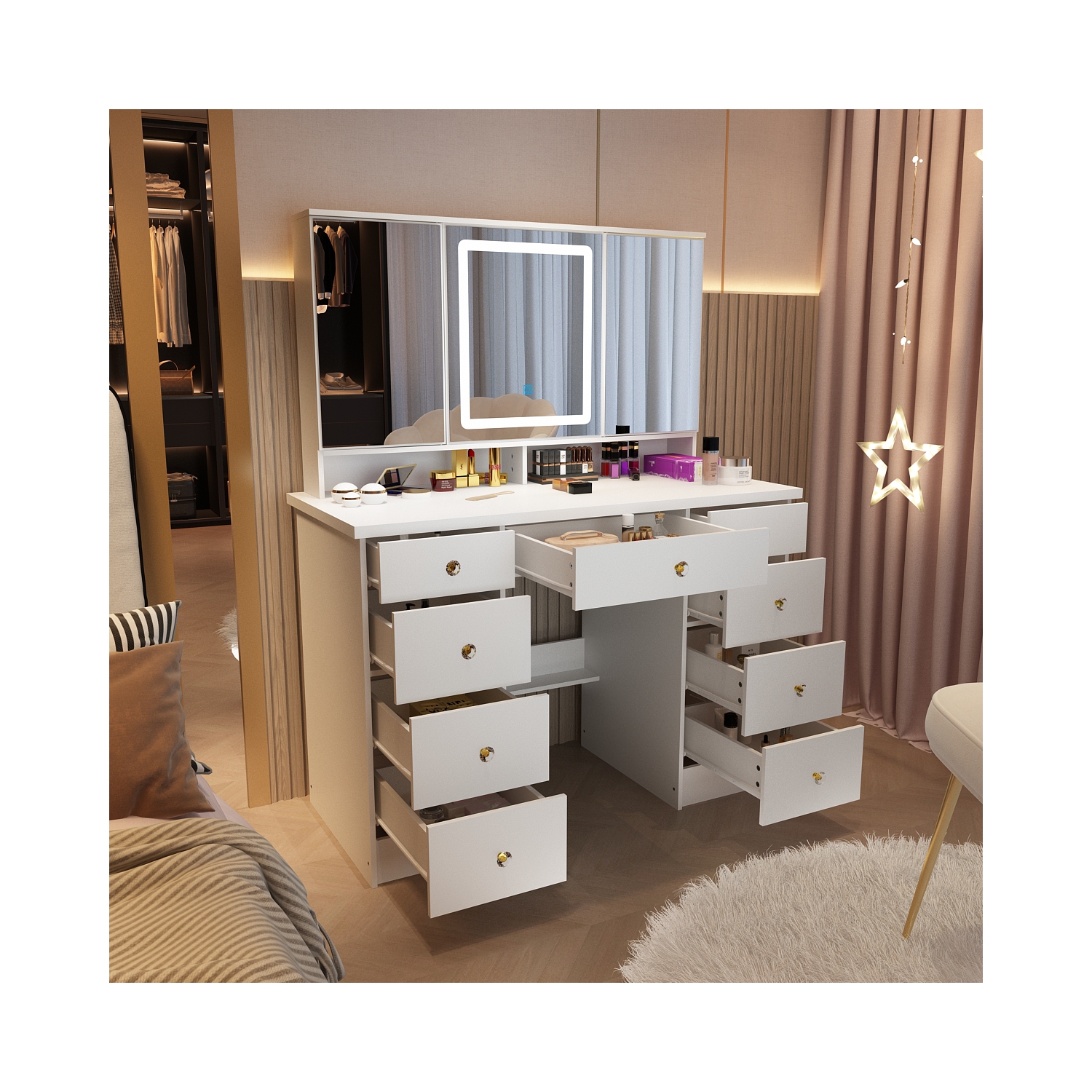 Homsee – Meuble-lavabo avec grand miroir éclairé trois couleurs, table de maquillage à 9 tiroirs et tablettes de rangement pour chambre à coucher,