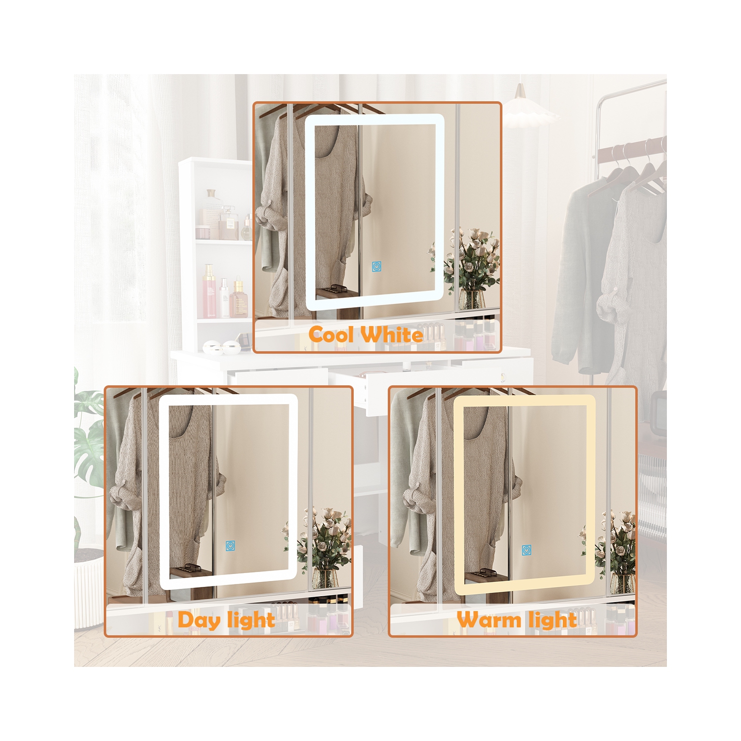 Homsee – Meuble-lavabo avec grand miroir éclairé trois couleurs, table de maquillage à 9 tiroirs et tablettes de rangement pour chambre à coucher,