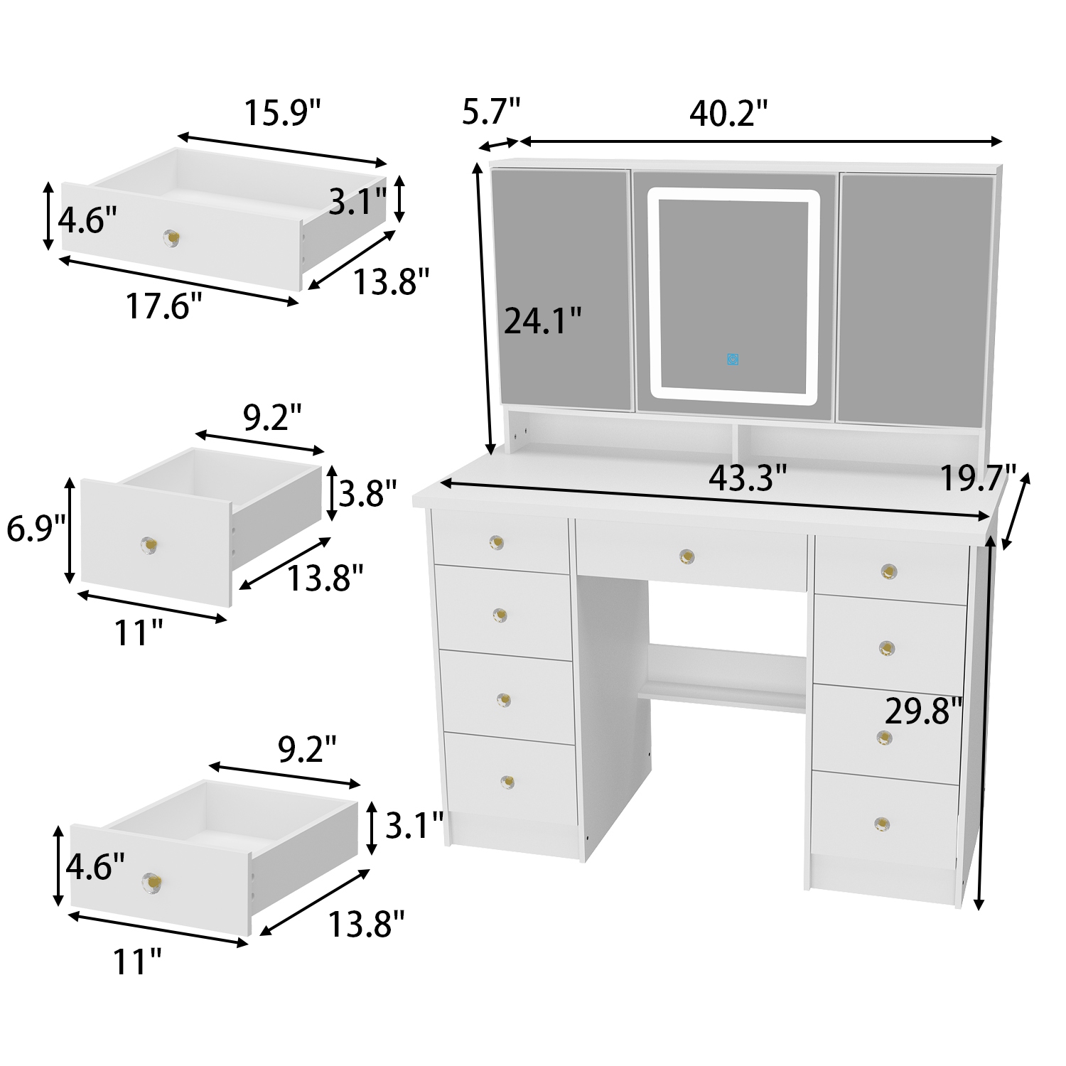 Homsee – Meuble-lavabo avec grand miroir éclairé trois couleurs, table de maquillage à 9 tiroirs et tablettes de rangement pour chambre à coucher,
