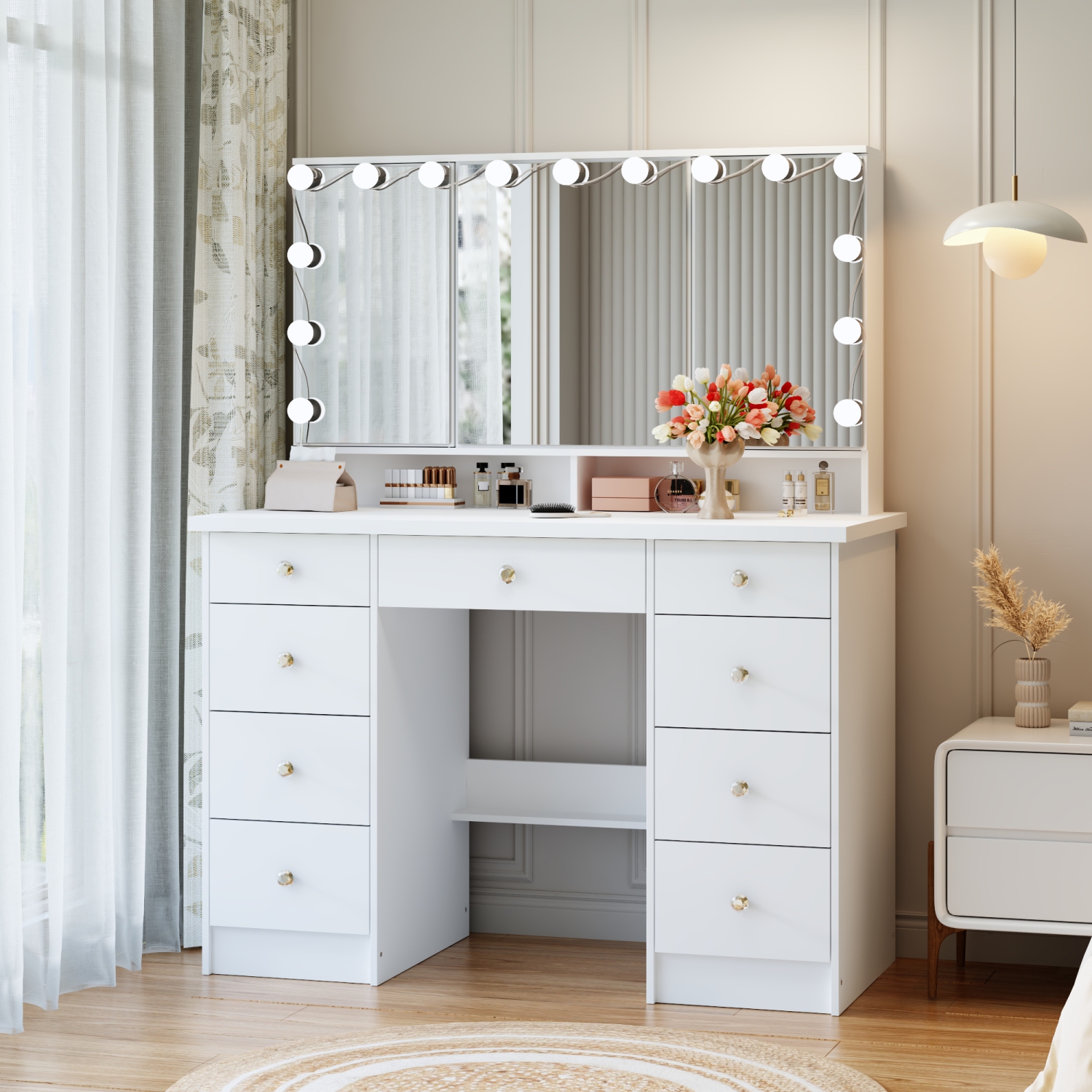 Meuble-lavabo Homsee avec grand miroir éclairé à trois couleurs, table à maquillage à 9 tiroirs et tablettes de rangement pour chambre à coucher,
