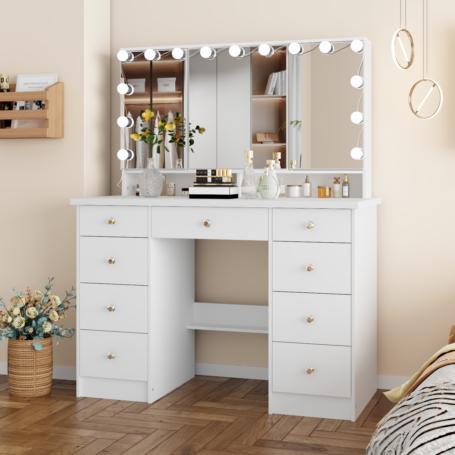 Meuble-lavabo Homsee avec grand miroir éclairé à trois couleurs, table à maquillage à 9 tiroirs et tablettes de rangement pour chambre à coucher,