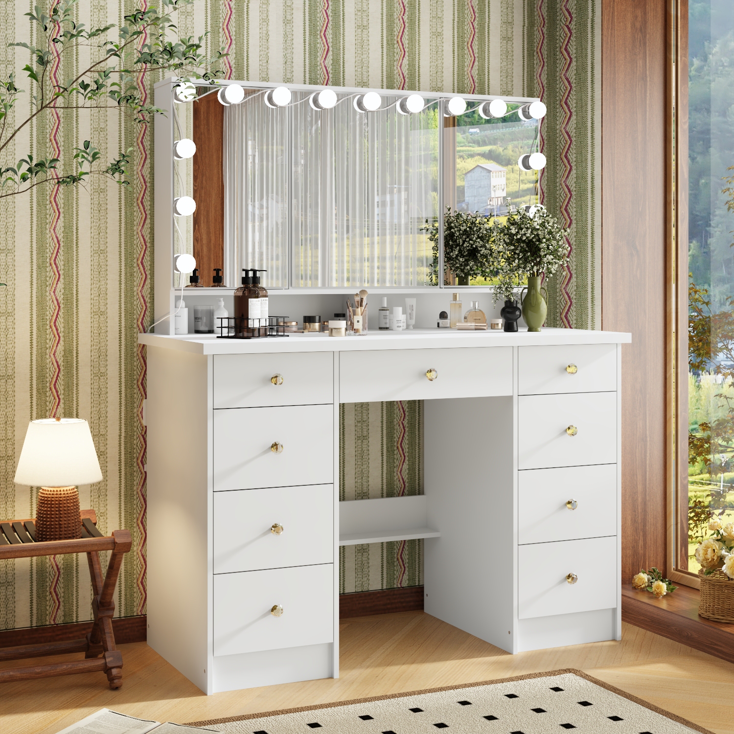 Meuble-lavabo Homsee avec grand miroir éclairé à trois couleurs, table à maquillage à 9 tiroirs et tablettes de rangement pour chambre à coucher,