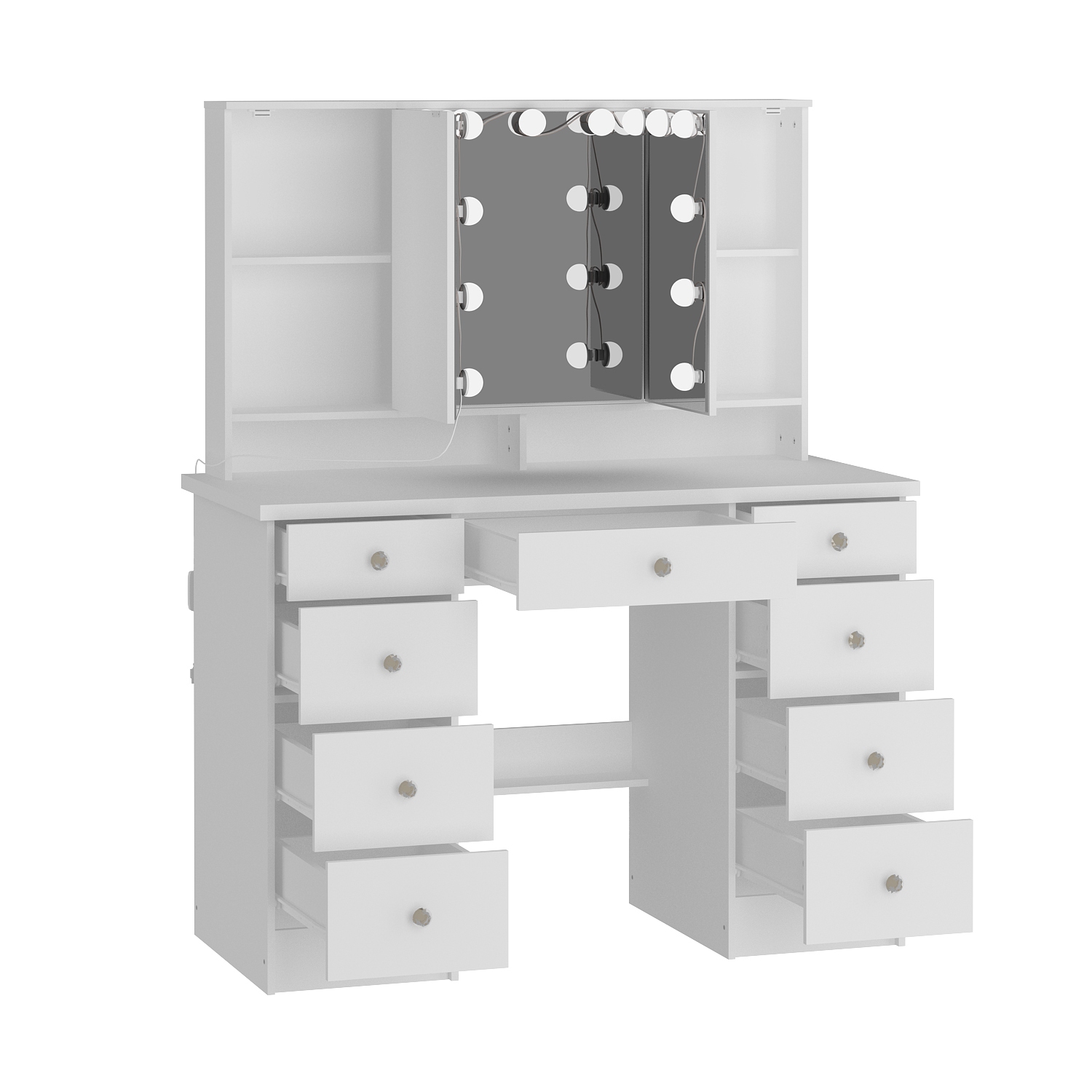 Meuble-lavabo Homsee avec grand miroir éclairé à trois couleurs, table à maquillage à 9 tiroirs et tablettes de rangement pour chambre à coucher,