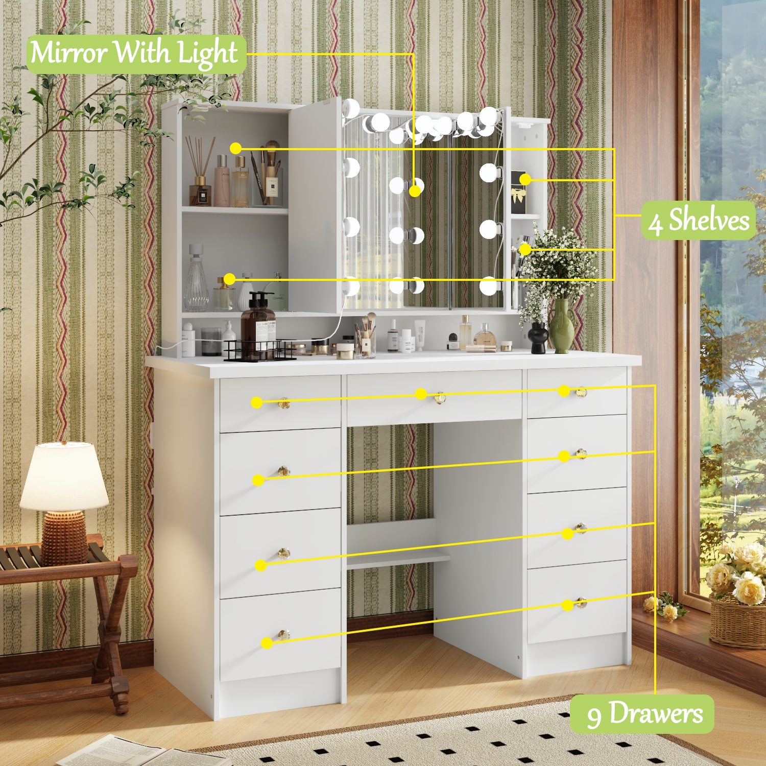 Meuble-lavabo Homsee avec grand miroir éclairé à trois couleurs, table à maquillage à 9 tiroirs et tablettes de rangement pour chambre à coucher,