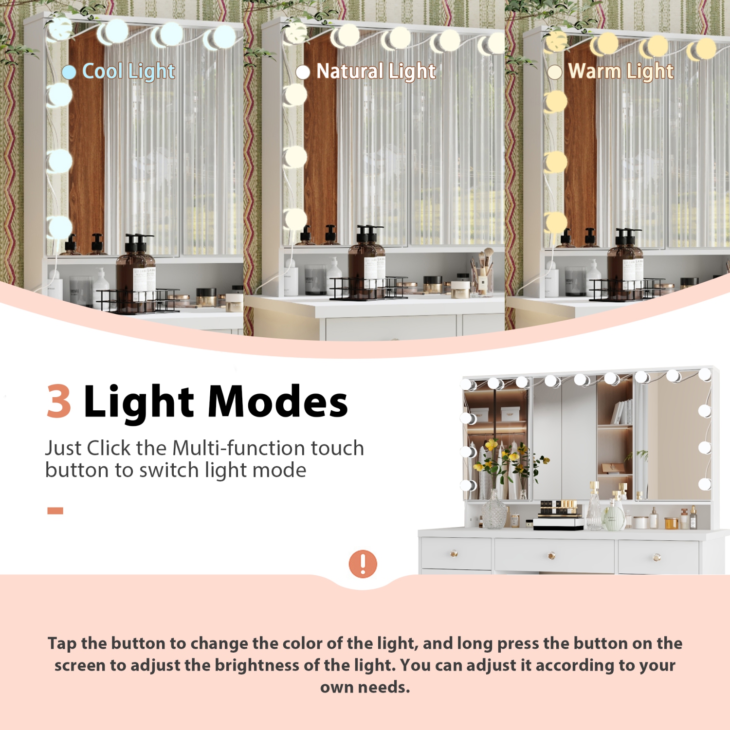 Meuble-lavabo Homsee avec grand miroir éclairé à trois couleurs, table à maquillage à 9 tiroirs et tablettes de rangement pour chambre à coucher,