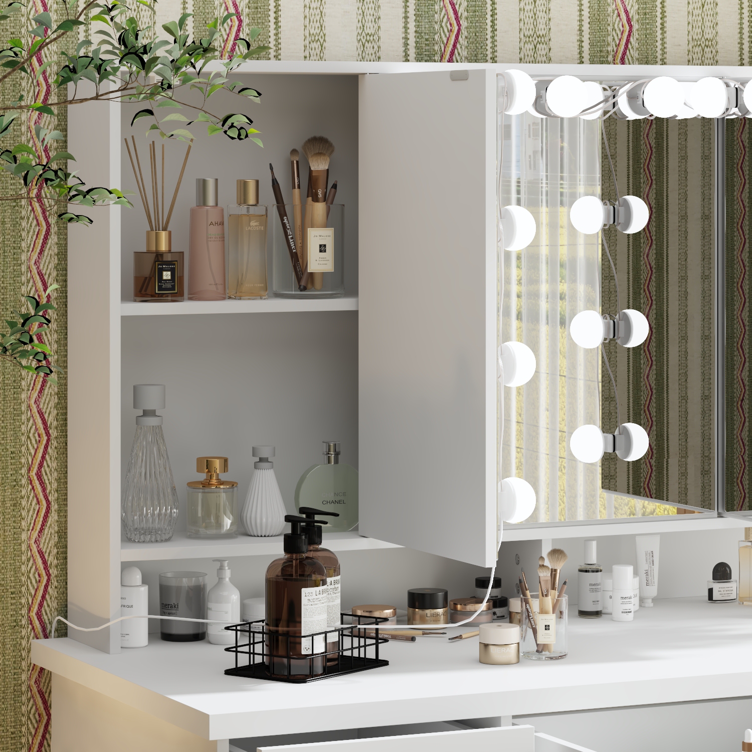 Meuble-lavabo Homsee avec grand miroir éclairé à trois couleurs, table à maquillage à 9 tiroirs et tablettes de rangement pour chambre à coucher,