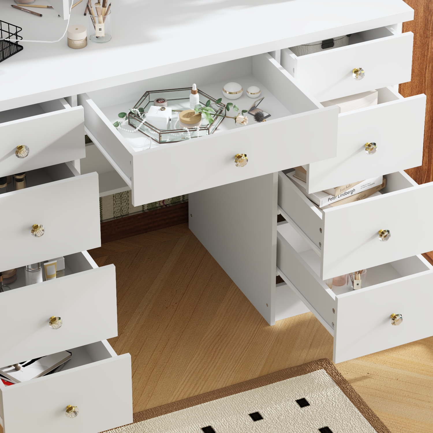 Meuble-lavabo Homsee avec grand miroir éclairé à trois couleurs, table à maquillage à 9 tiroirs et tablettes de rangement pour chambre à coucher,