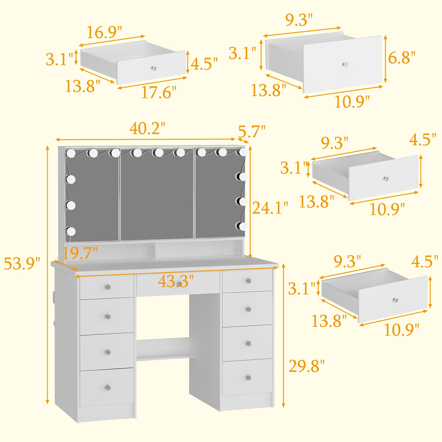 Meuble-lavabo Homsee avec grand miroir éclairé à trois couleurs, table à maquillage à 9 tiroirs et tablettes de rangement pour chambre à coucher,