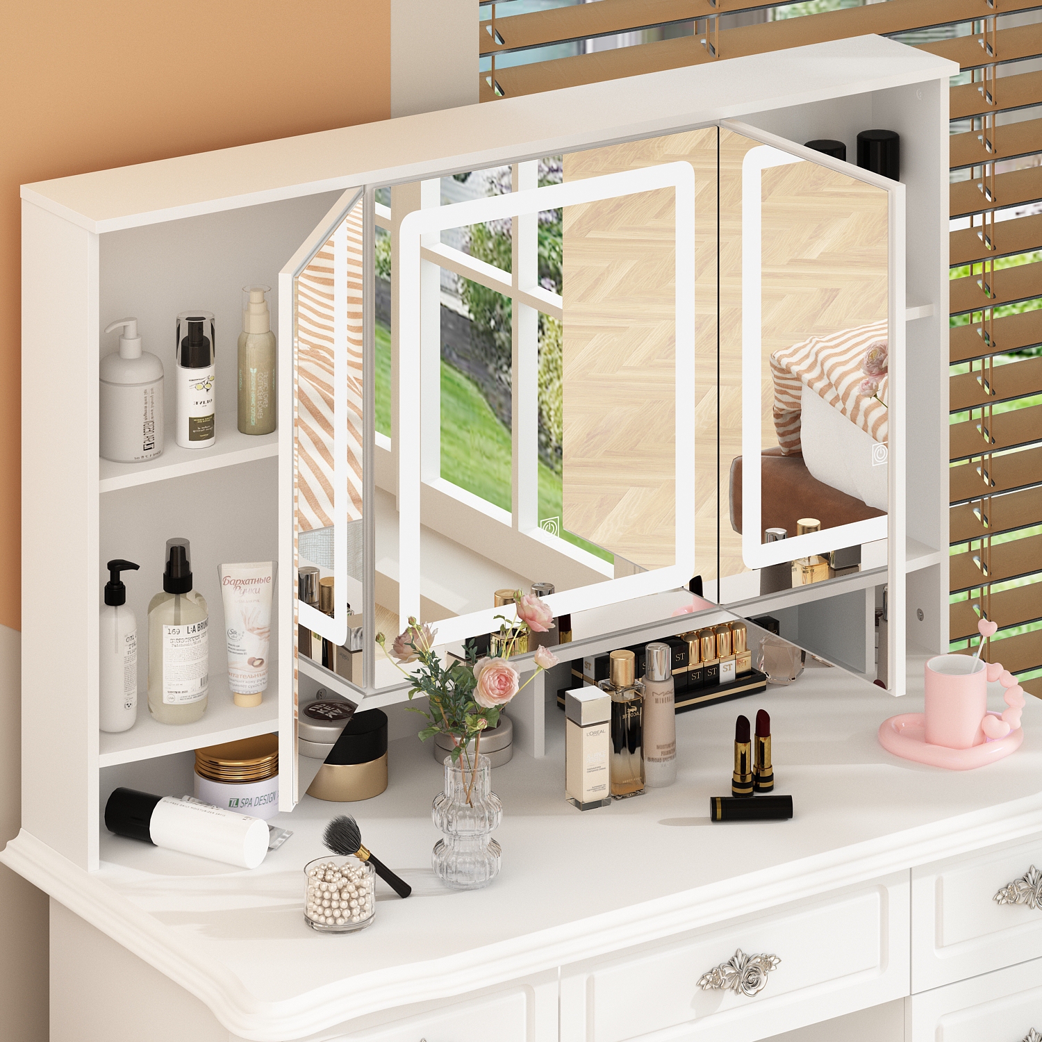 Homsee – Meuble-lavabo avec grand miroir éclairé, table de maquillage à 9 tiroirs et tablettes de rangement pour chambre à coucher, blanc