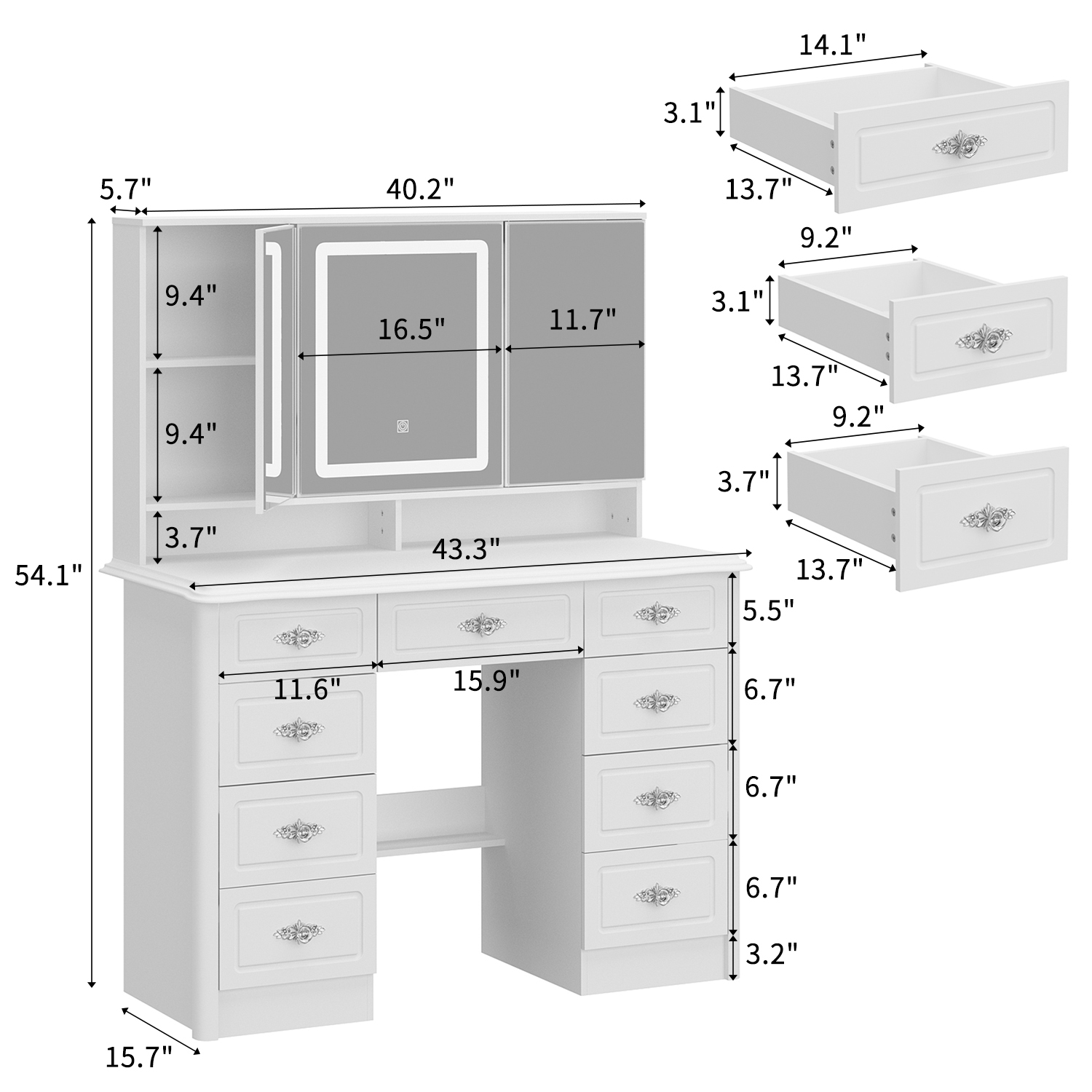Homsee – Meuble-lavabo avec grand miroir éclairé, table de maquillage à 9 tiroirs et tablettes de rangement pour chambre à coucher, blanc