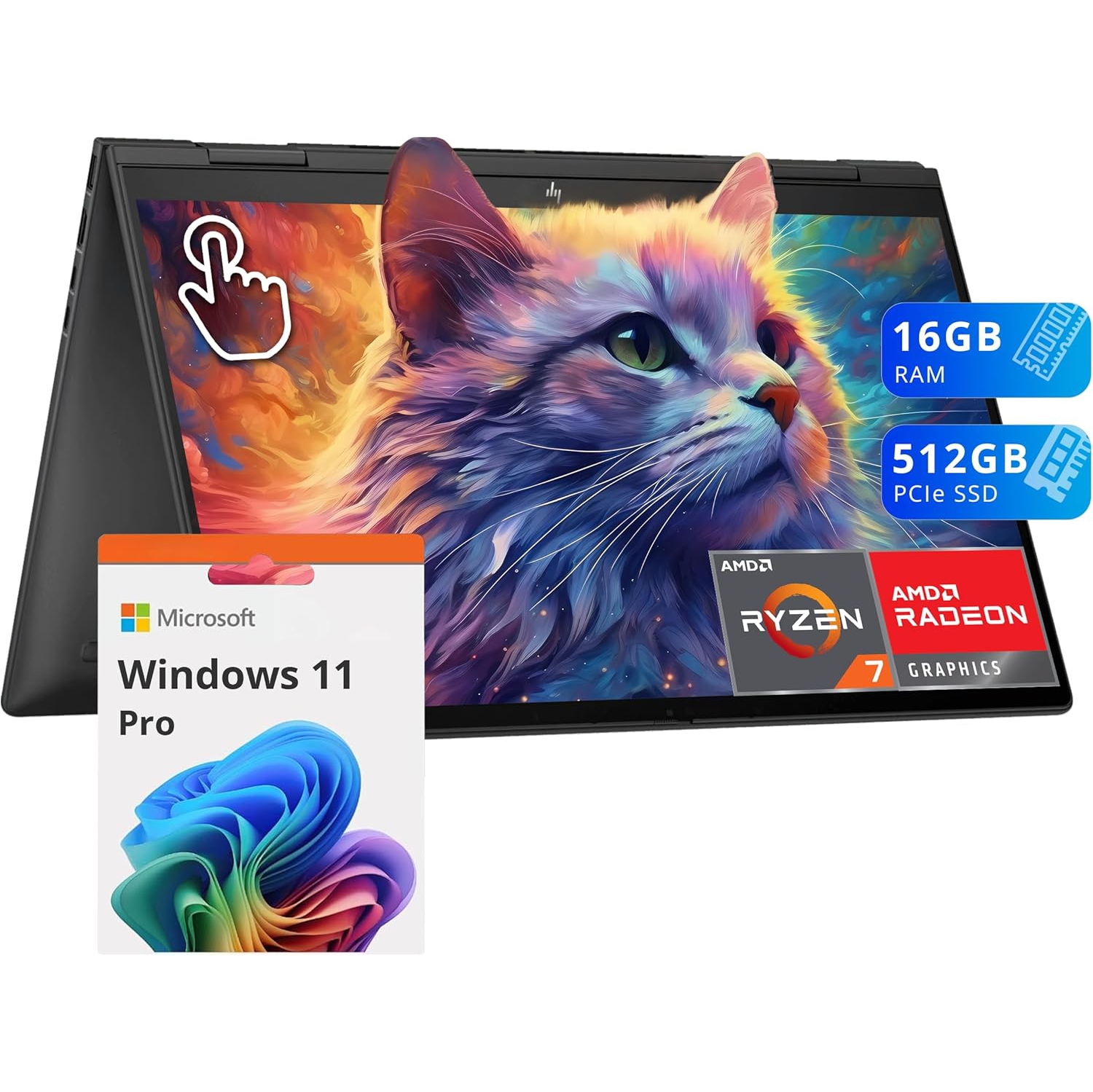 Open Box - HP Envy X360 2-in-1 15.6" FHD Touchscreen Laptop, AMD Ryzen 7 7730U, 512GB PCIe SSD, 16GB LPDDR4x RAM, Backlit Keyboard, AMD Radeon Graphics, Win 11 Pro, Black