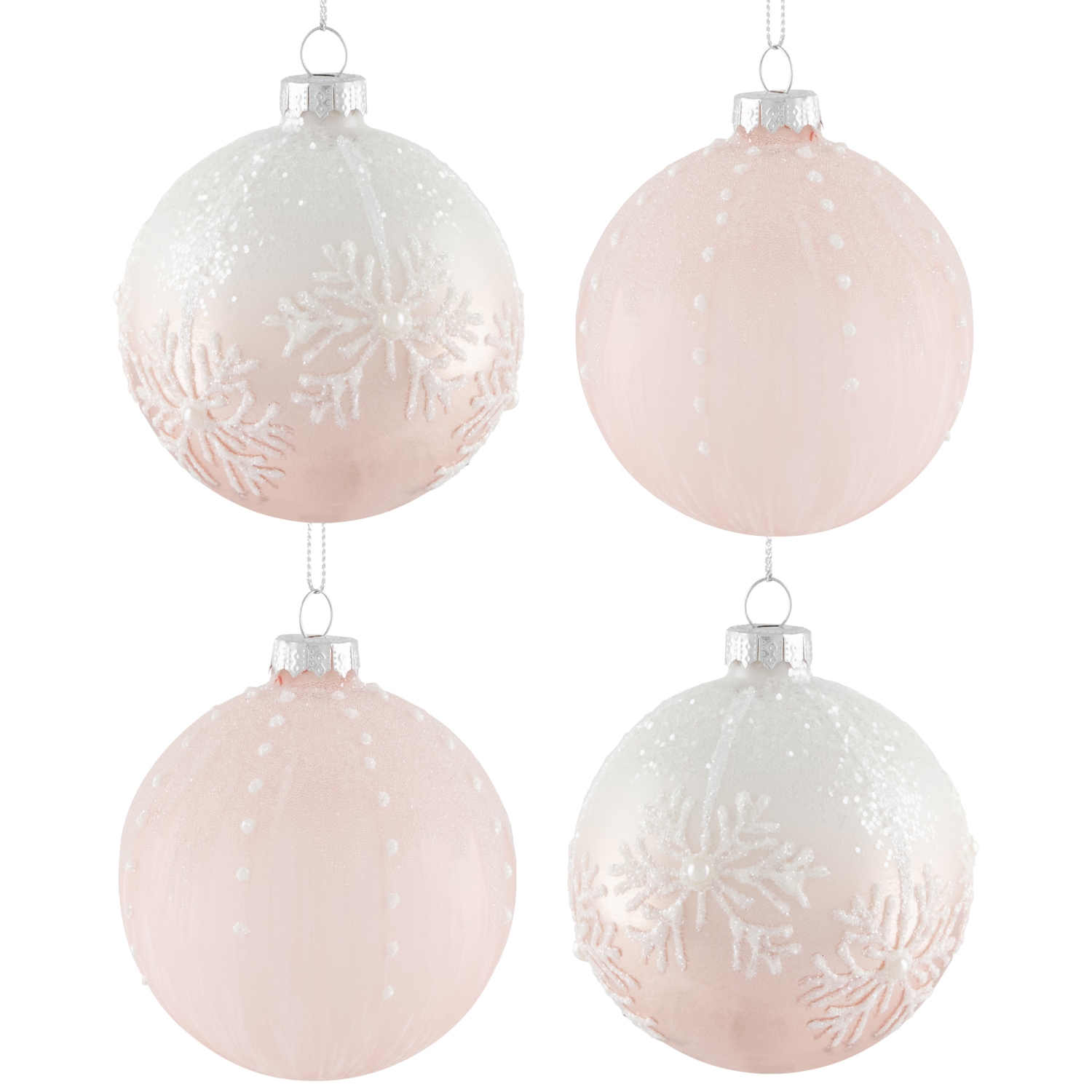 Snowflakes Glass Ball Christmas Ornaments - 3" - Pink and White - 4ct