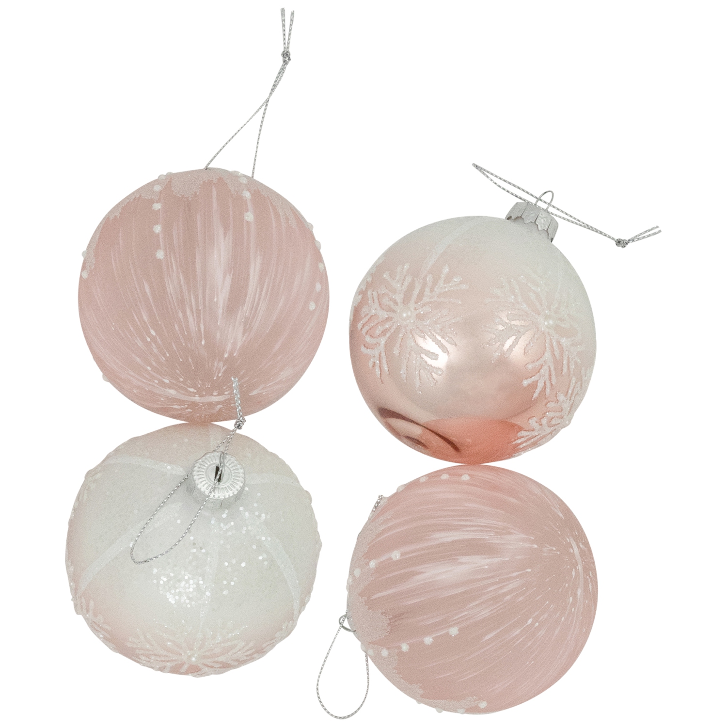 Snowflakes Glass Ball Christmas Ornaments - 3" - Pink and White - 4ct