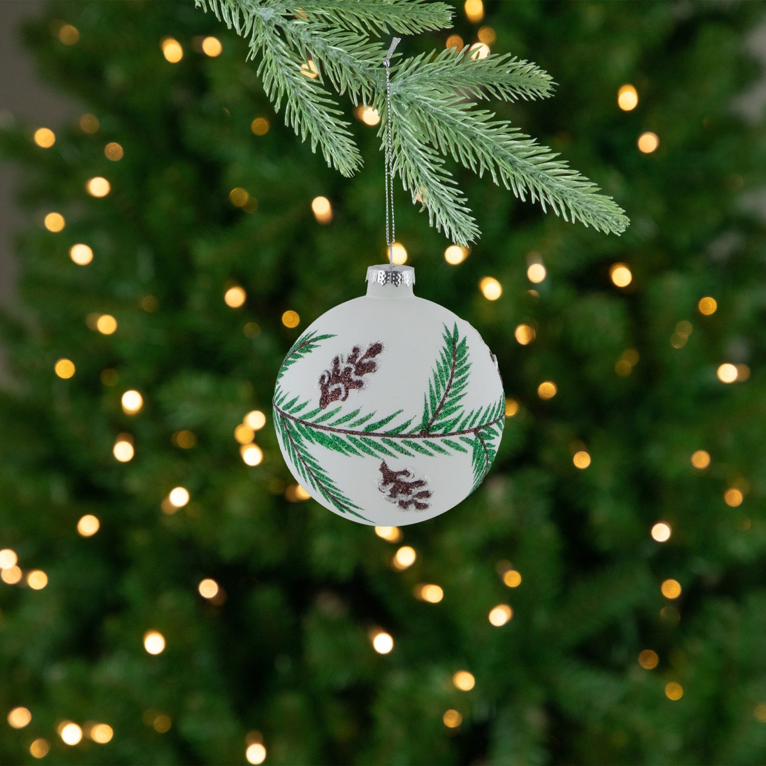 Glittered Glass Ball Christmas Ornaments with Pine Cones - 4" - 4ct