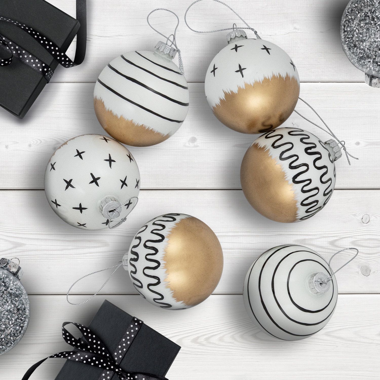 Abstract Glass Ball Christmas Ornaments - 3" - White and Black - 6ct