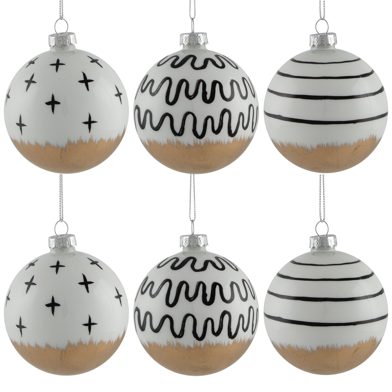 Abstract Glass Ball Christmas Ornaments - 3" - White and Black - 6ct