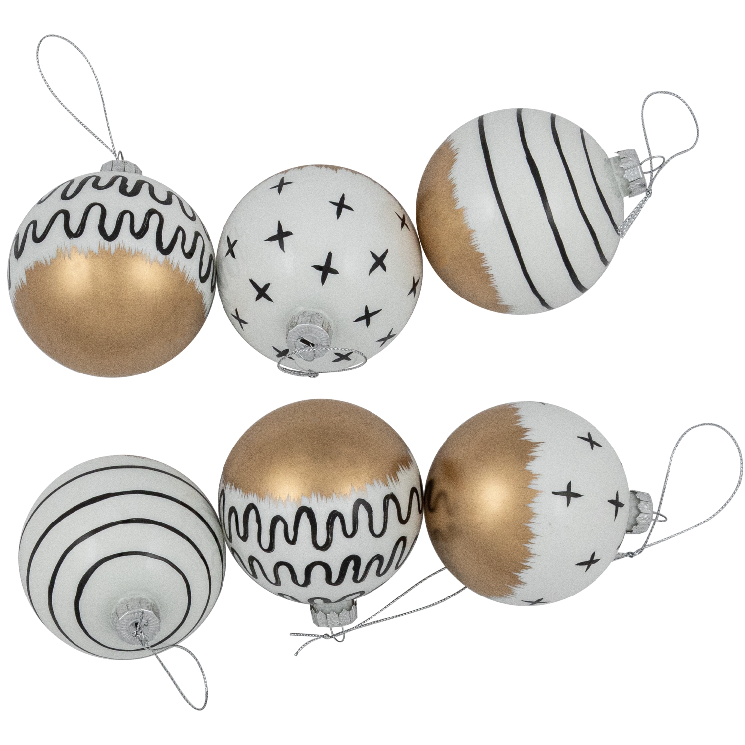 Abstract Glass Ball Christmas Ornaments - 3" - White and Black - 6ct