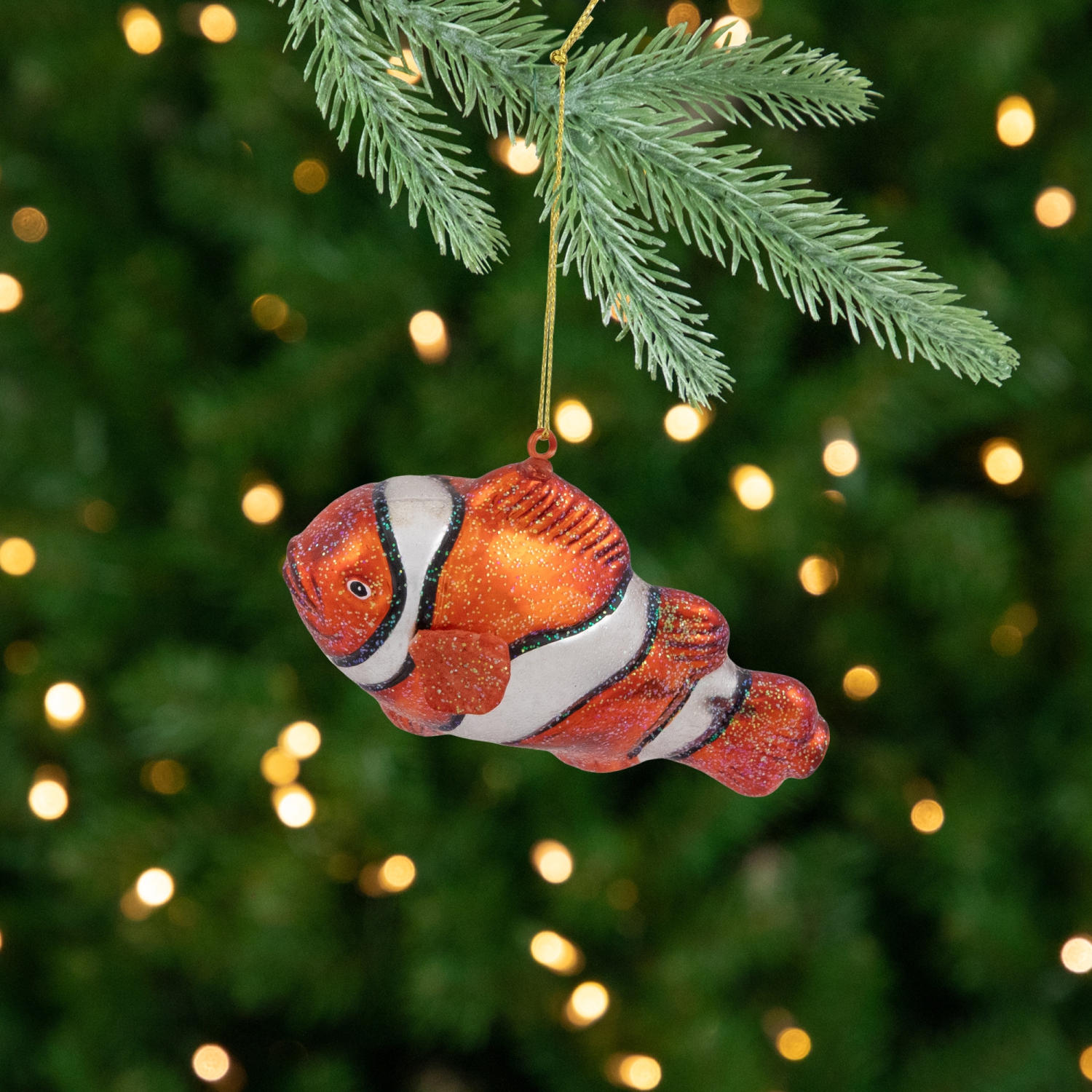 Décoration de Noël en verre de poisson de clown scintillant - 4,75&nbsp;po - Orange et blanc