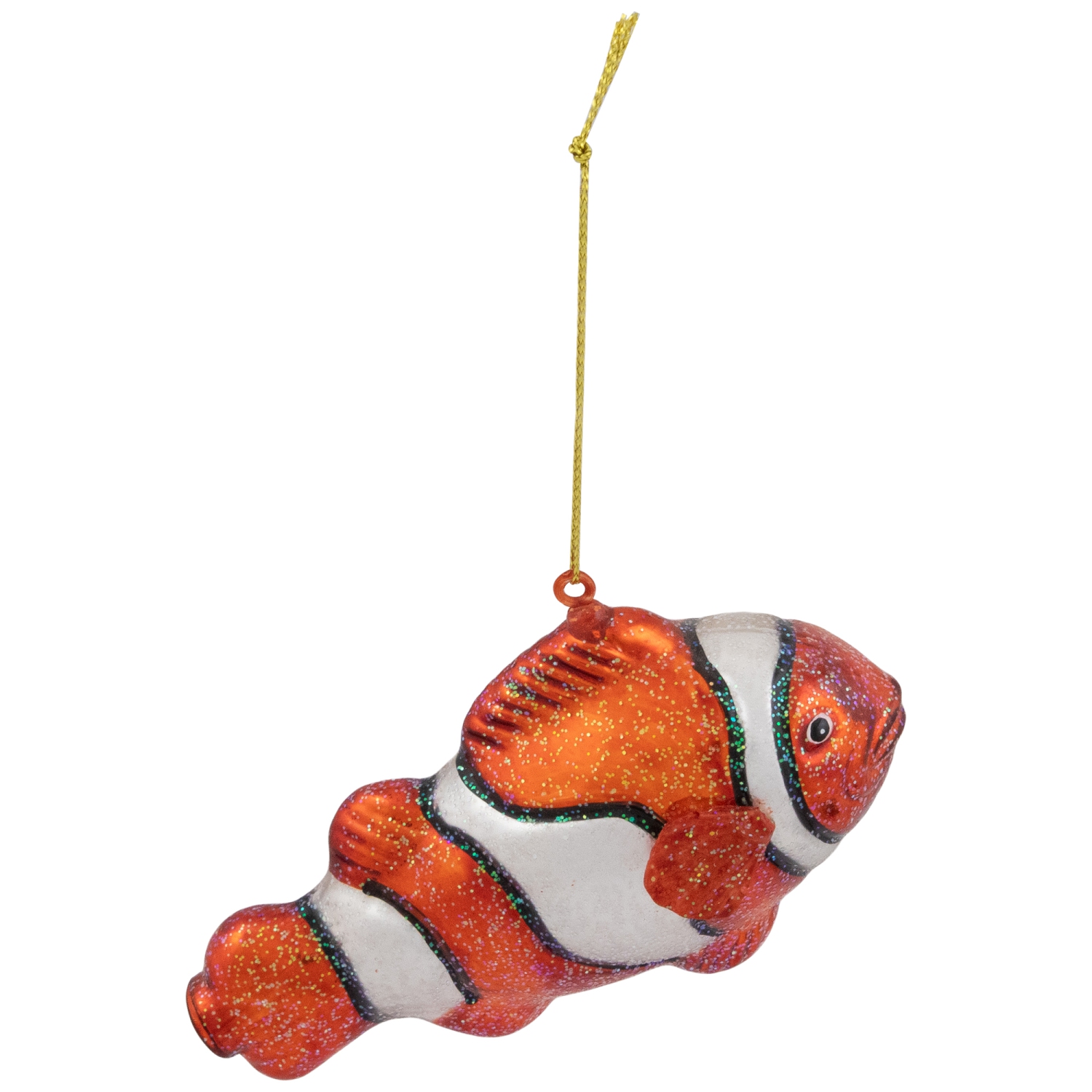 Décoration de Noël en verre de poisson de clown scintillant - 4,75 po - Orange et blanc