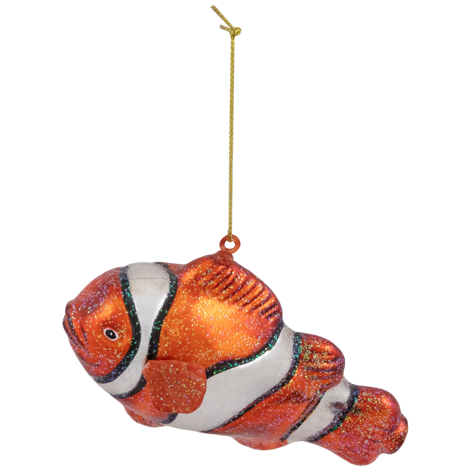 Décoration de Noël en verre de poisson de clown scintillant - 4,75 po - Orange et blanc