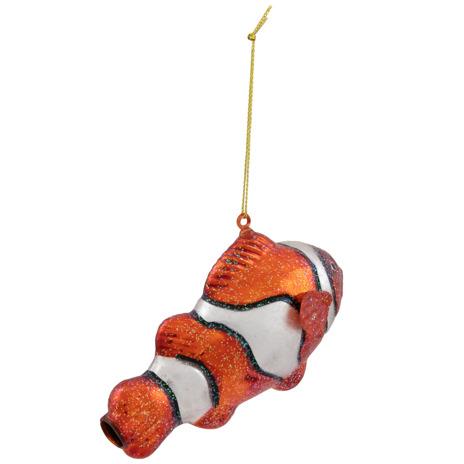 Décoration de Noël en verre de poisson de clown scintillant - 4,75 po - Orange et blanc