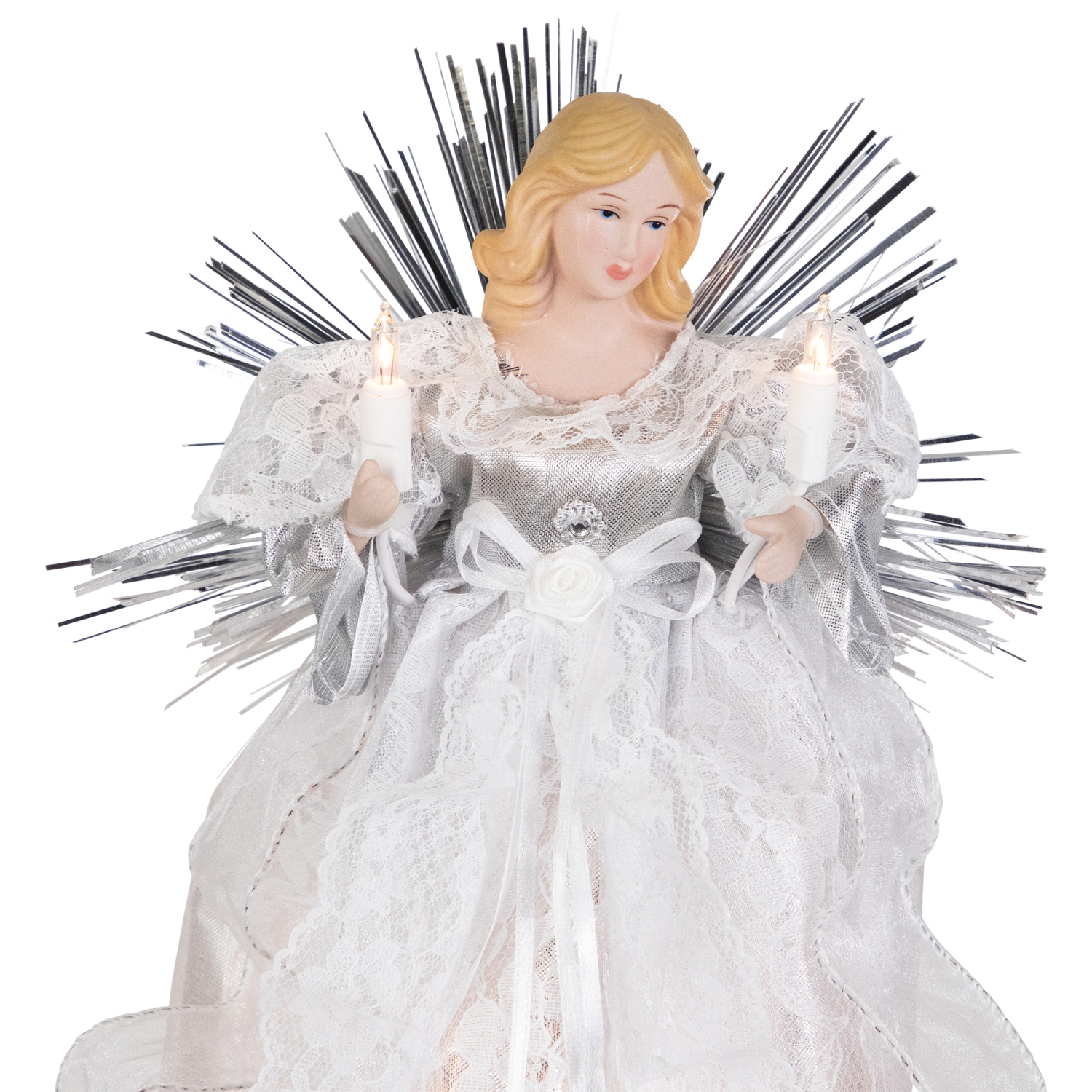 Lighted Angel with Candle Christmas Tree Topper - 10.5" - Silver - Clear Lights