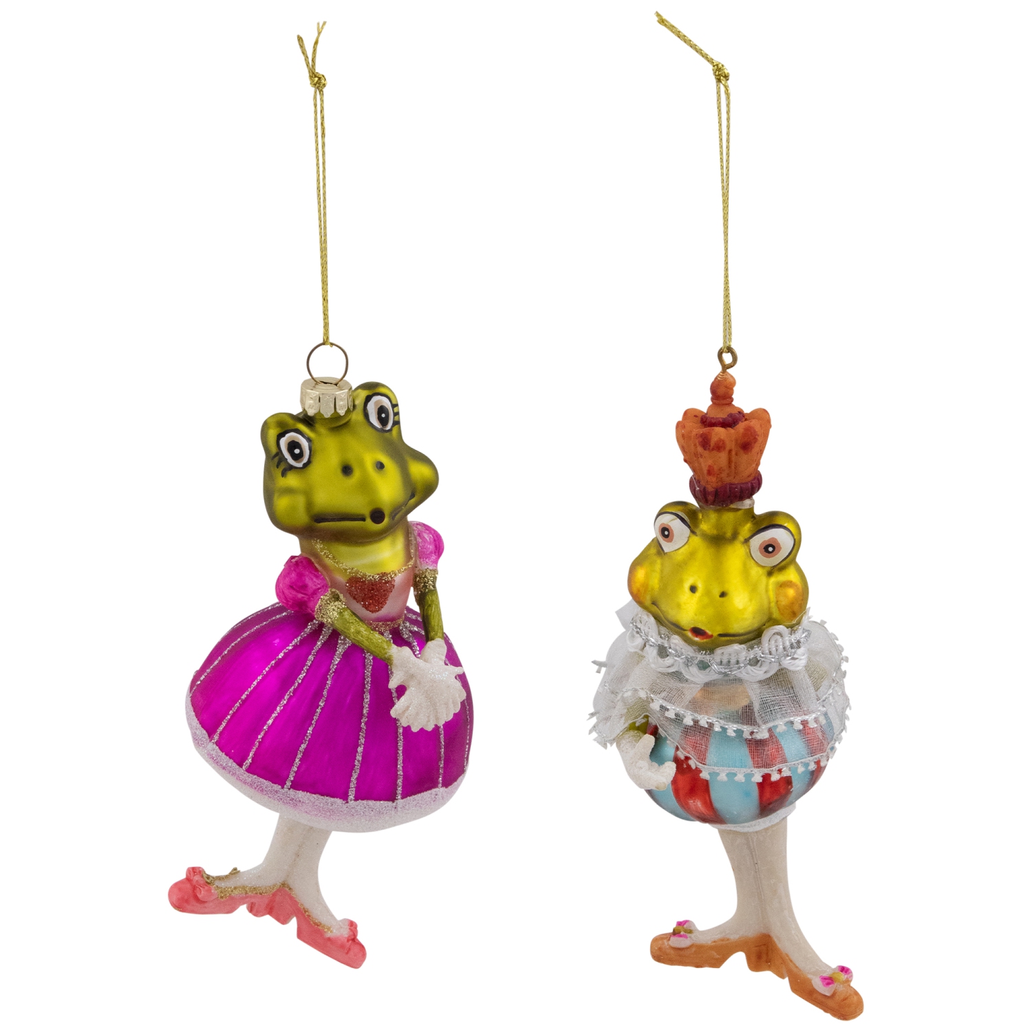 Royal Ballerina Frogs Glass Christmas Ornaments - 6" - Multicolor - Set of 2