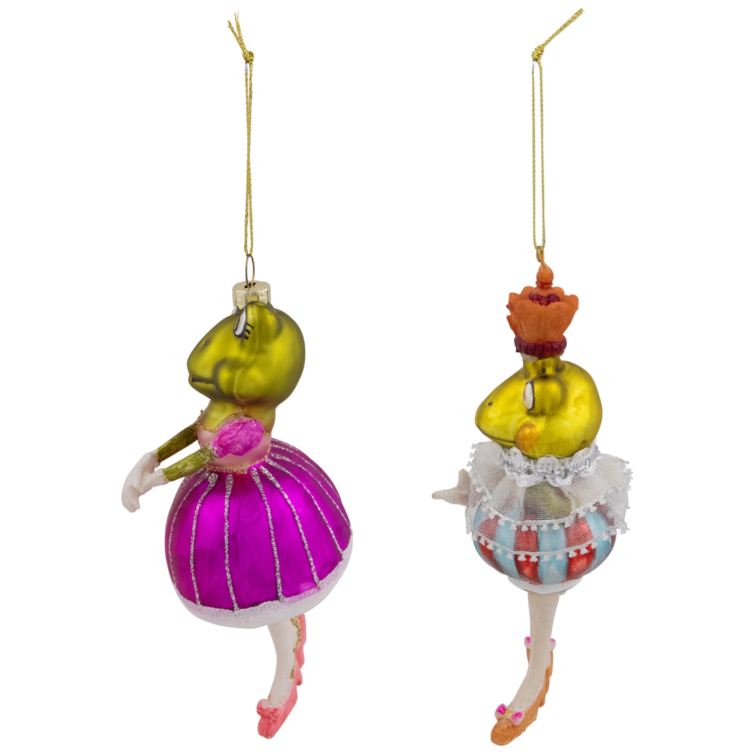 Royal Ballerina Frogs Glass Christmas Ornaments - 6" - Multicolor - Set of 2