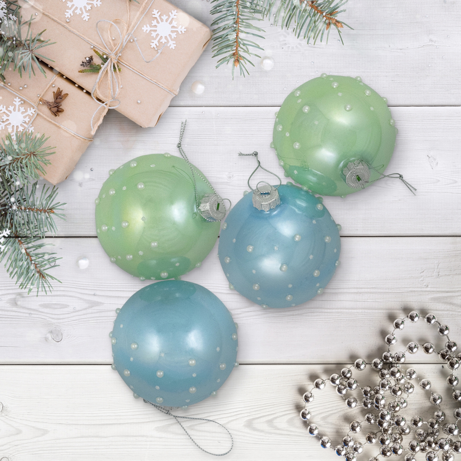 Shiny Glass Ball Christmas Ornaments with Pearl Drops - 3" - Blue and Green - 4ct
