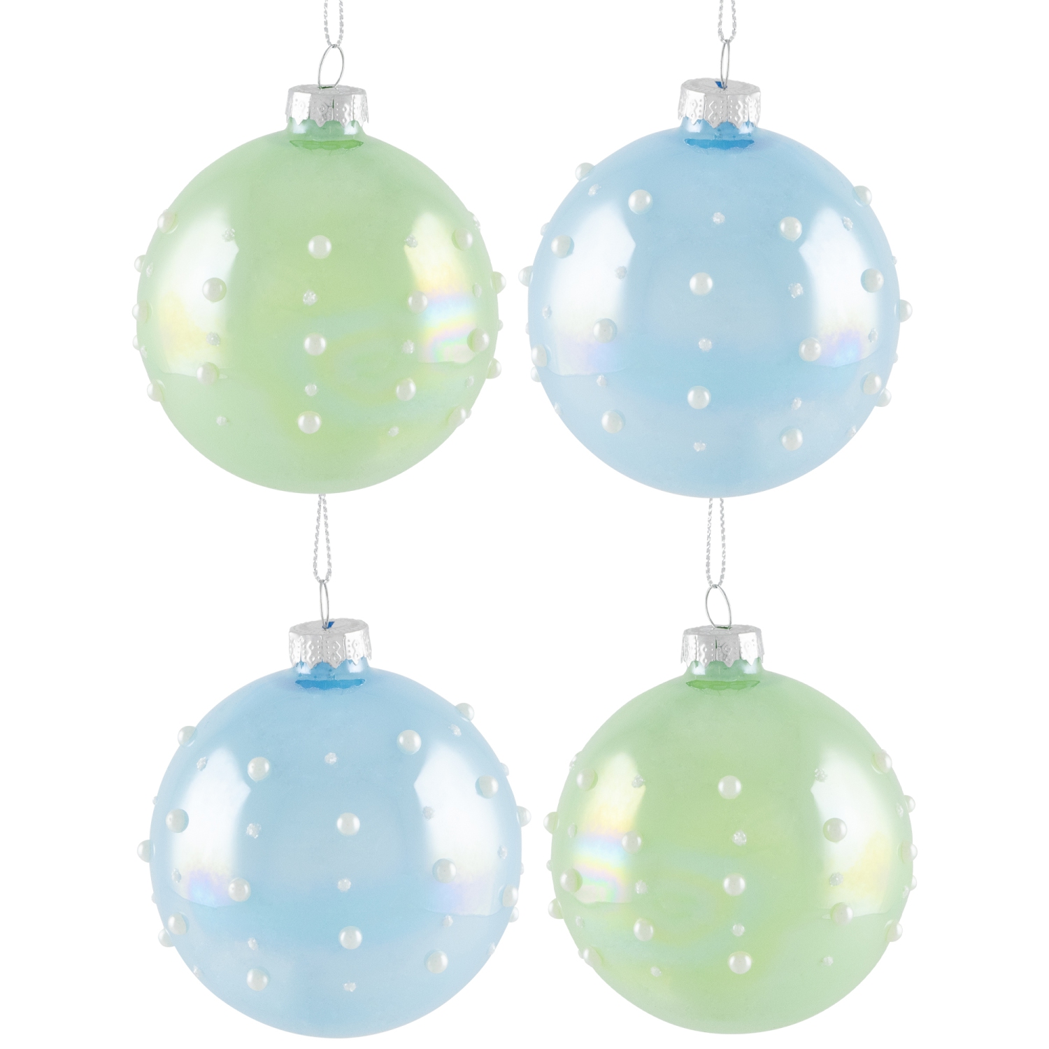 Shiny Glass Ball Christmas Ornaments with Pearl Drops - 3" - Blue and Green - 4ct