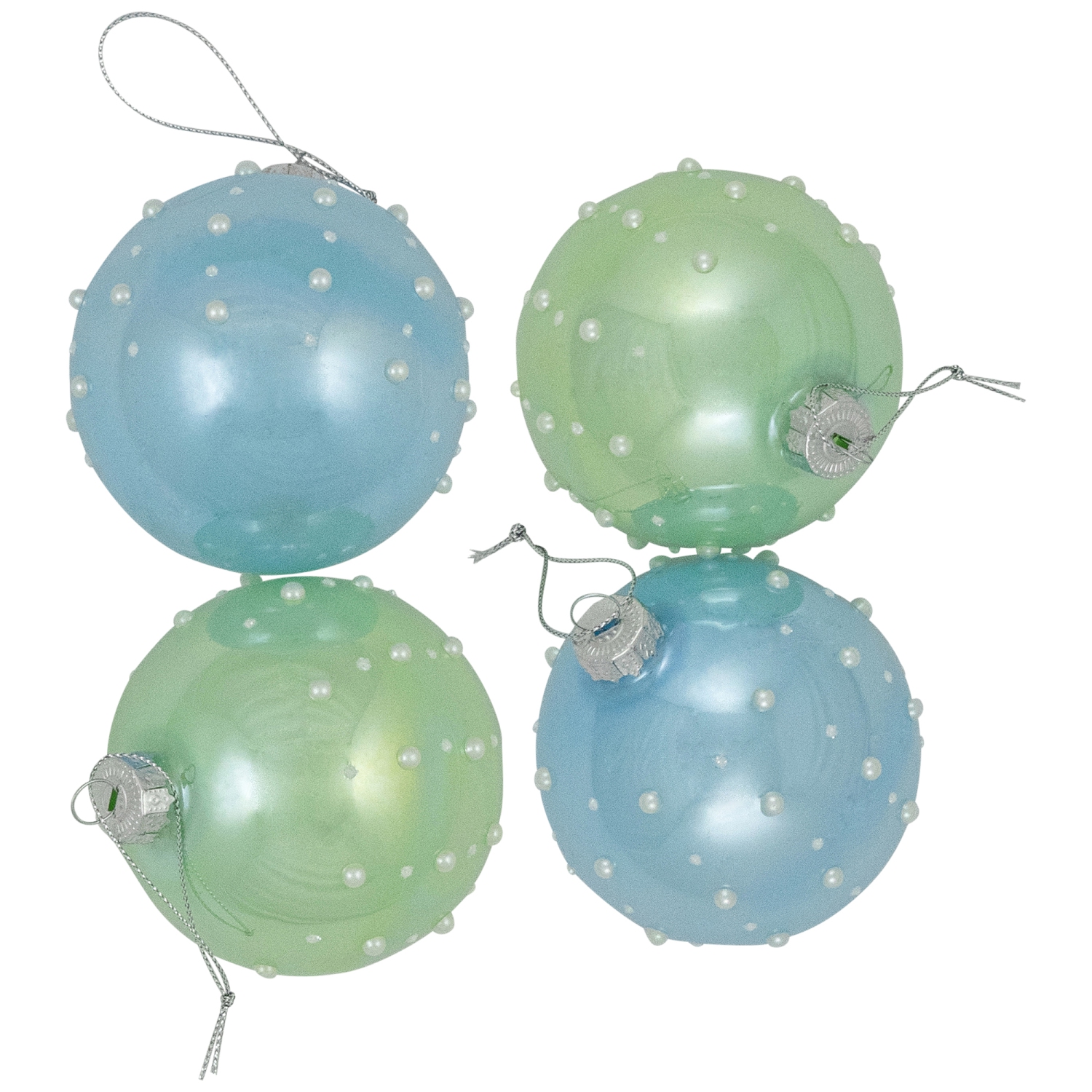 Shiny Glass Ball Christmas Ornaments with Pearl Drops - 3" - Blue and Green - 4ct