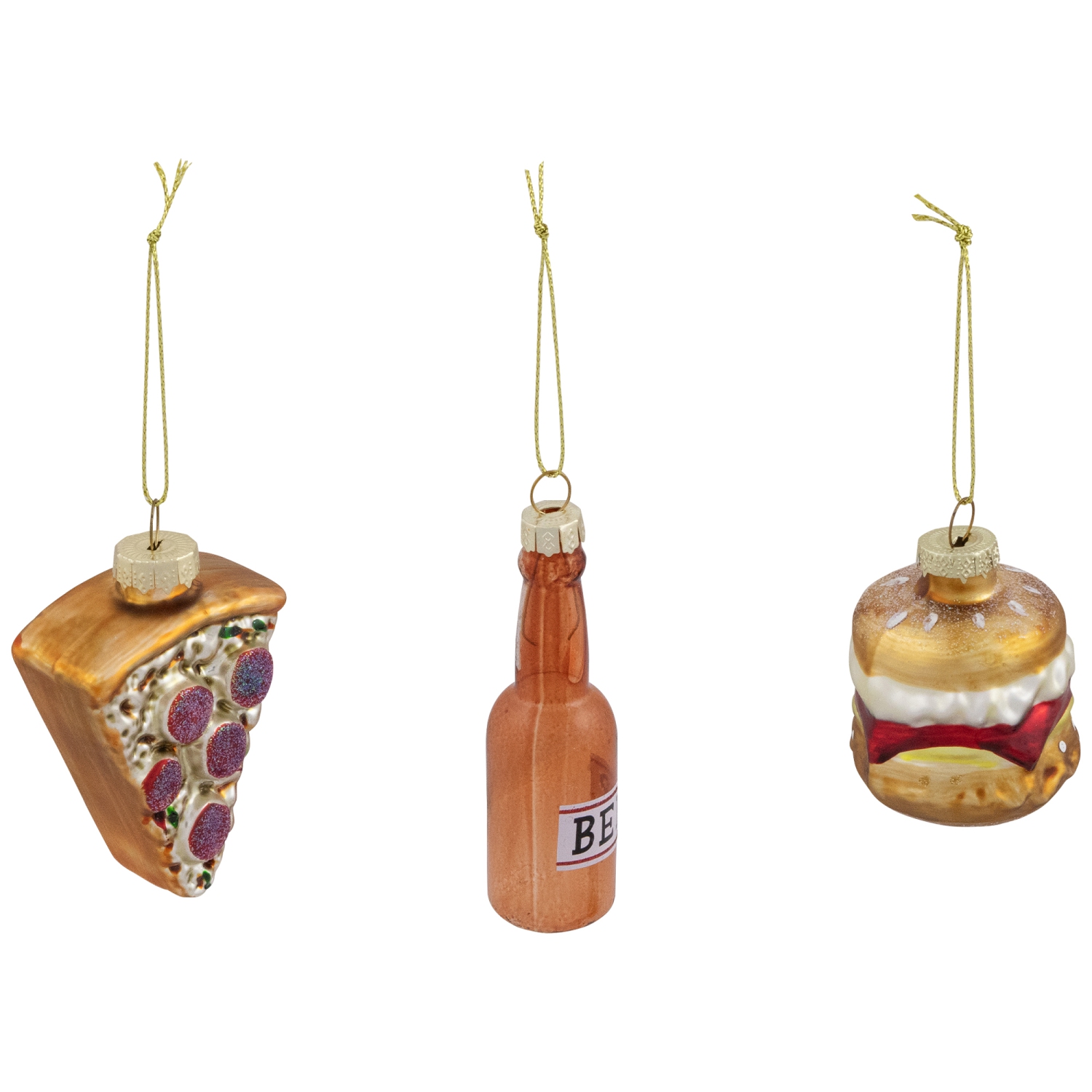Pizza, Burger and Beer Glass Christmas Ornaments - 3.5" - Set of 3